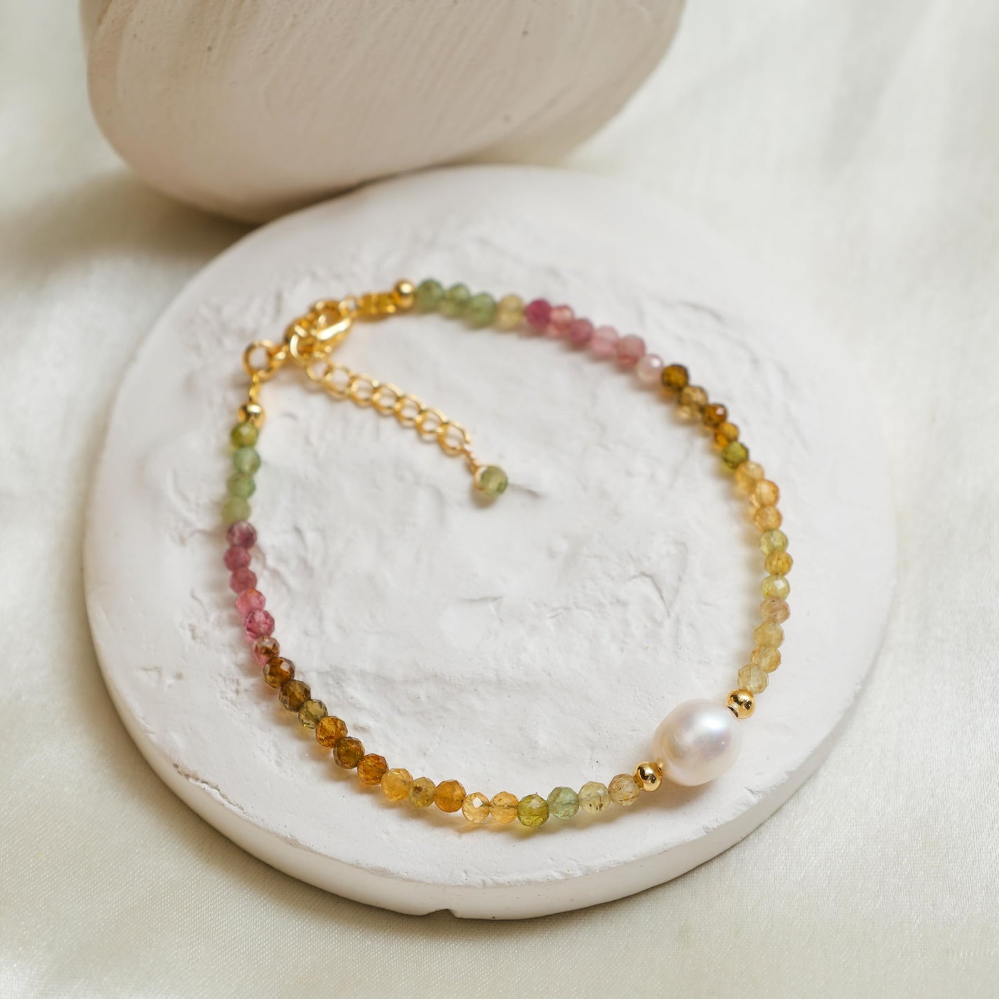 Gempires Watermelon Tourmaline Beaded Bracelet with Pearl Choker Crystal Jewelry Lightweight Colorful Gemstone Bracelets For Women Hypoallergenic 7.5 Inch Gold Plated Adjustable Chain