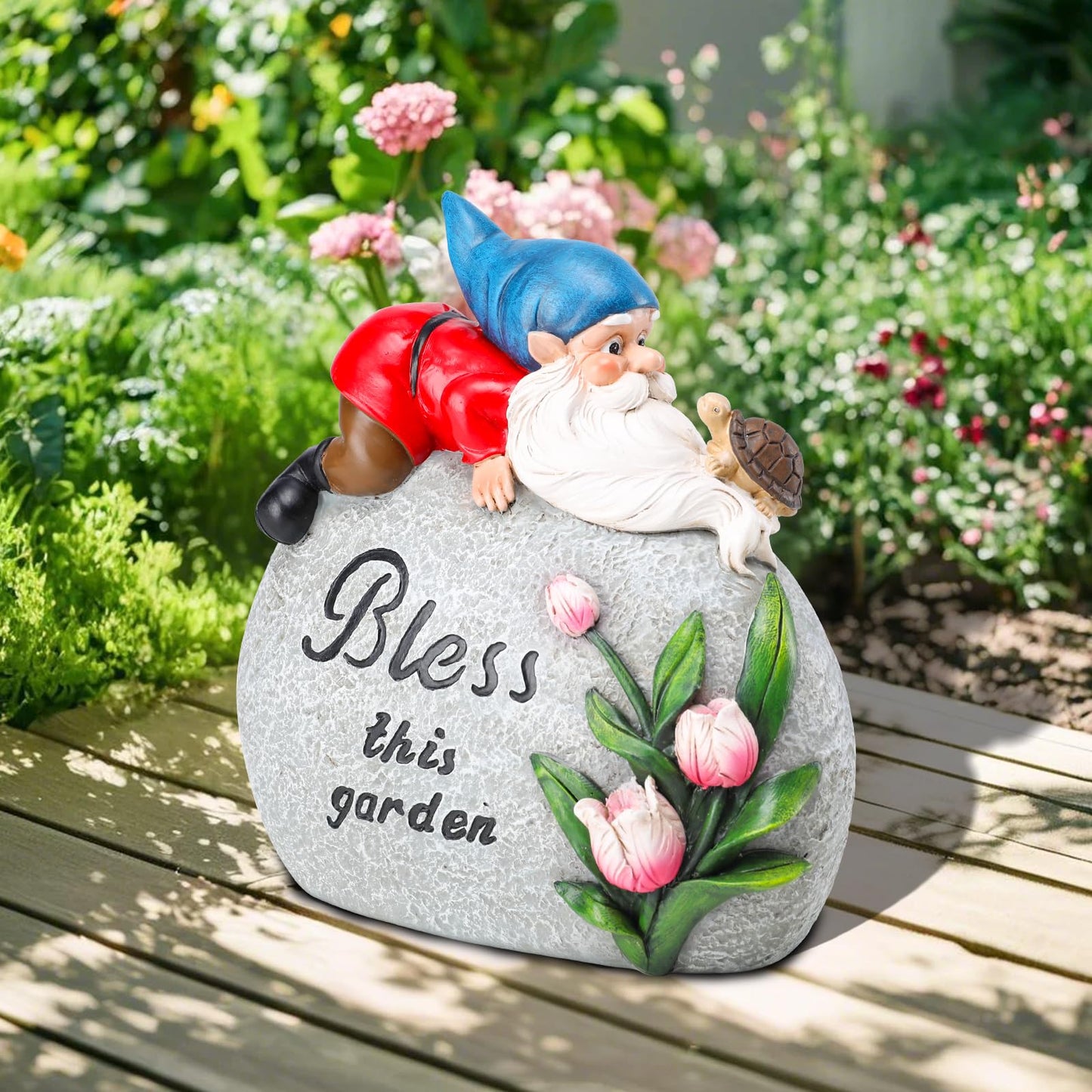 Ovewios Garden Stones Statues Outdoor Decor, Novelty Gnome Garden Sculptures Stones Statue with Flower and Turtle Figurine Decoration for Patio Yard Porch Art Home Decor