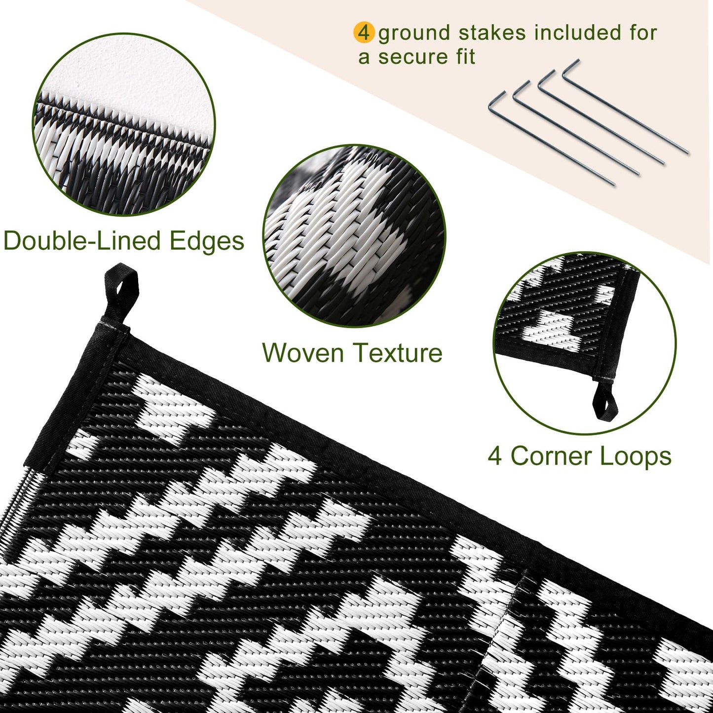 OPPODREAM Outdoor Rug 8x10 Patio Waterproof, Large Outdoor Plastic Straw Rug, Reversible Out Door Carpet for Camping, Deck, Rv, 8 x 10 Area Carpet for Balcony, Porch, Backyard, Black and White