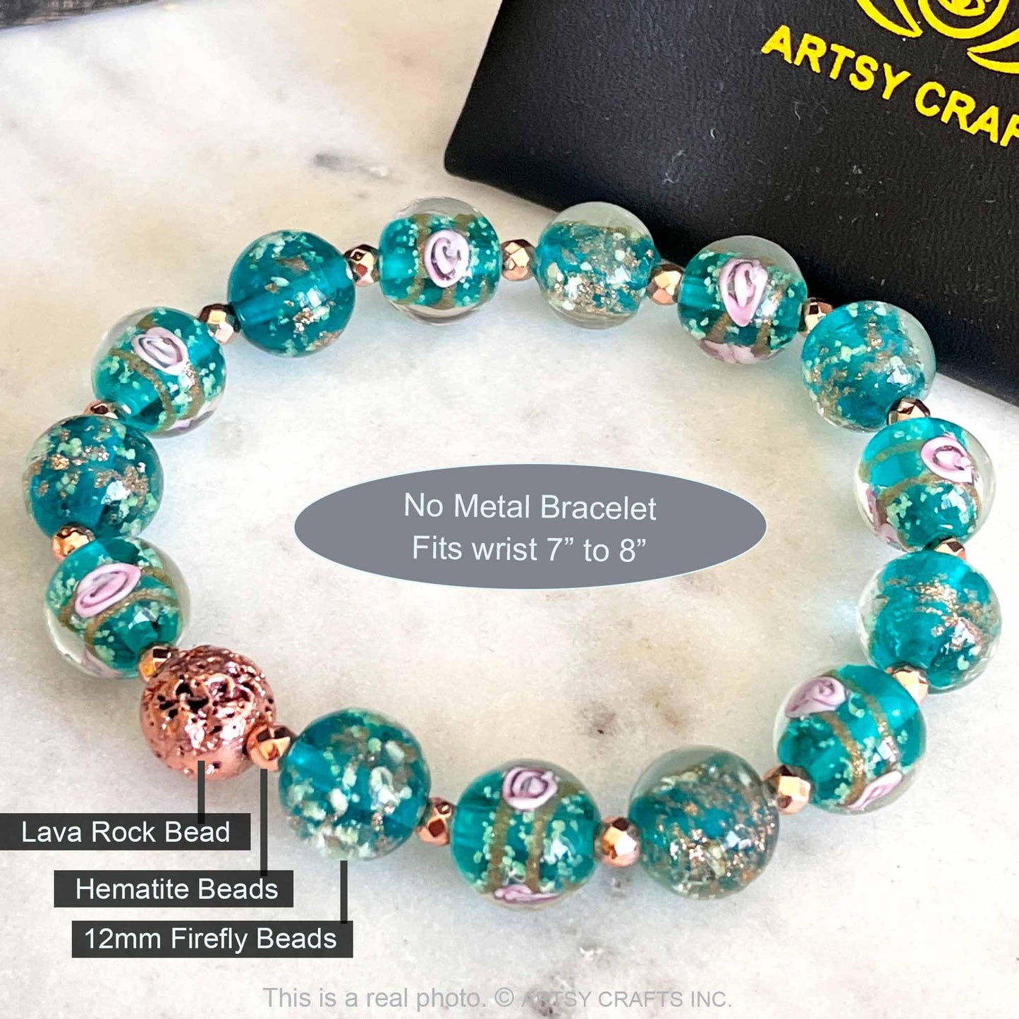 ARTSY Crafts Glow in The Dark Firefly Beads Bracelets, Ocean Blue Luminous Murano Glass Beads Jewelry Mermaid Crystals Healing Inspirational Bracelet Bangle (Ocean Blue, Wrist 6-7 in)