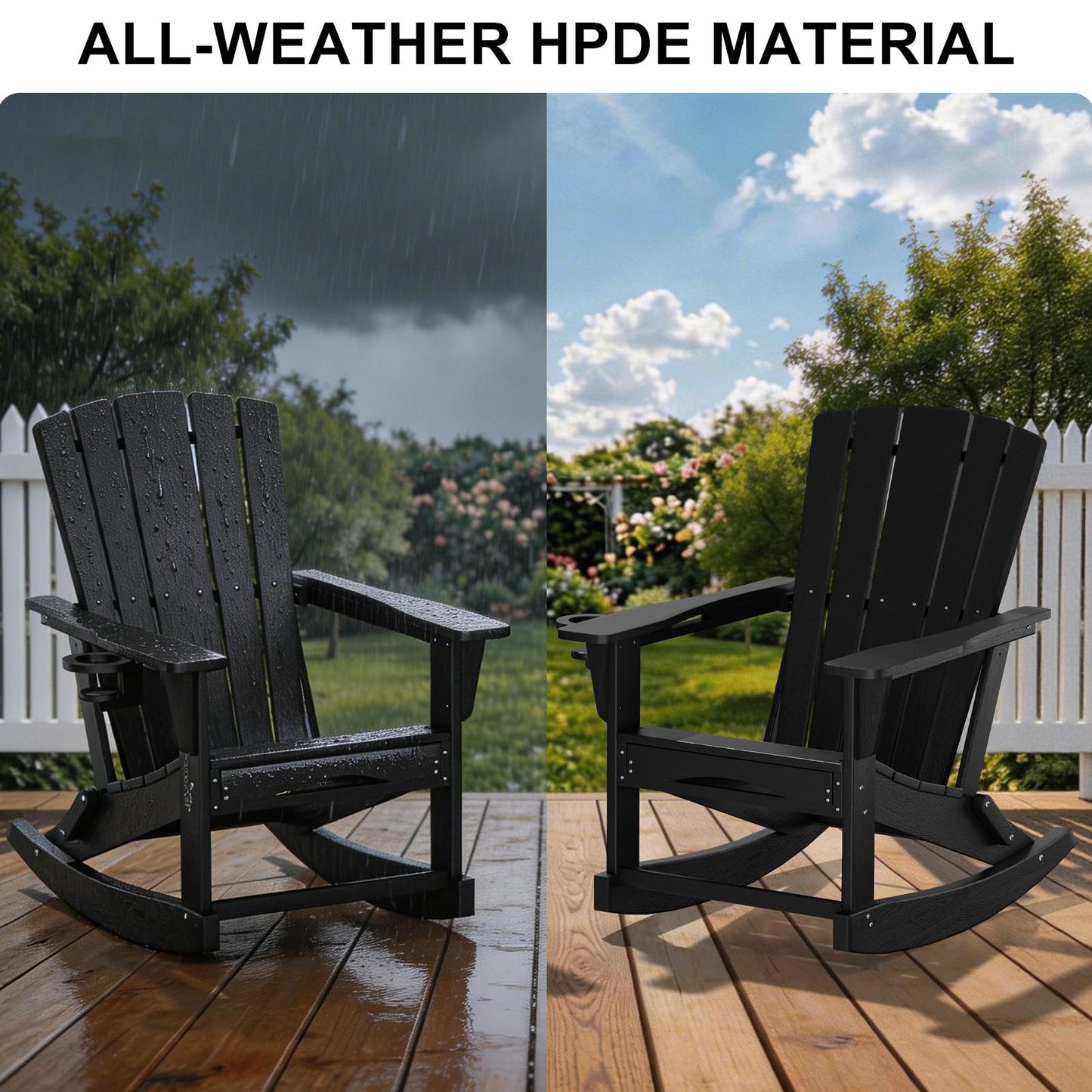 Polyhouz Adirondack Rocking Chair with Retractable Ottoman,Outdoor Folding Adirondack Chair with Cup Holder,HDPE All-Weather Patio Lounge Chair for Porch,Lawn, Poolside, Black