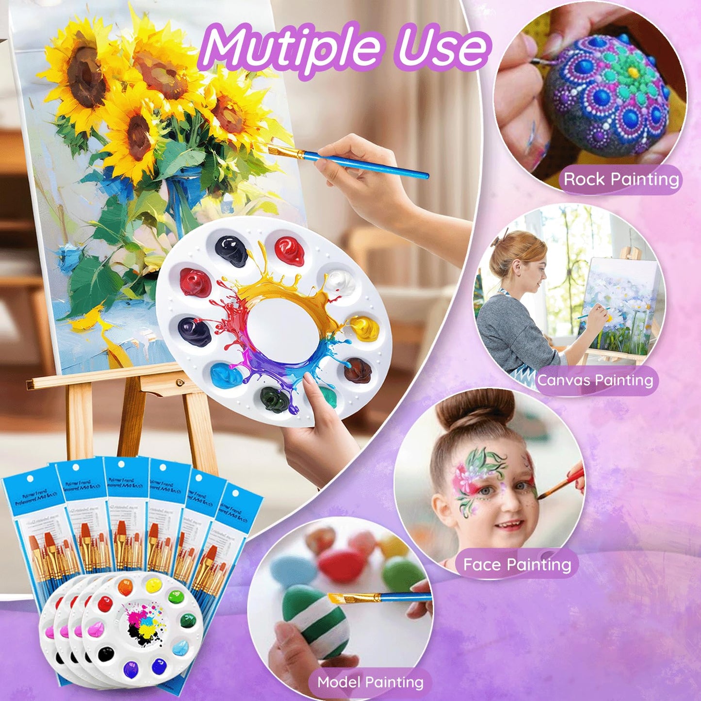 264PCS Valued Paint Brushes and Palettes Set，24Pack of 240PCS Paint Brushes Bulk, 24 Paint Paint Trays, Artist Acrylic Brushes Nylon Brush Head, Suitable for All Purpose Oil Watercolor Painting Se