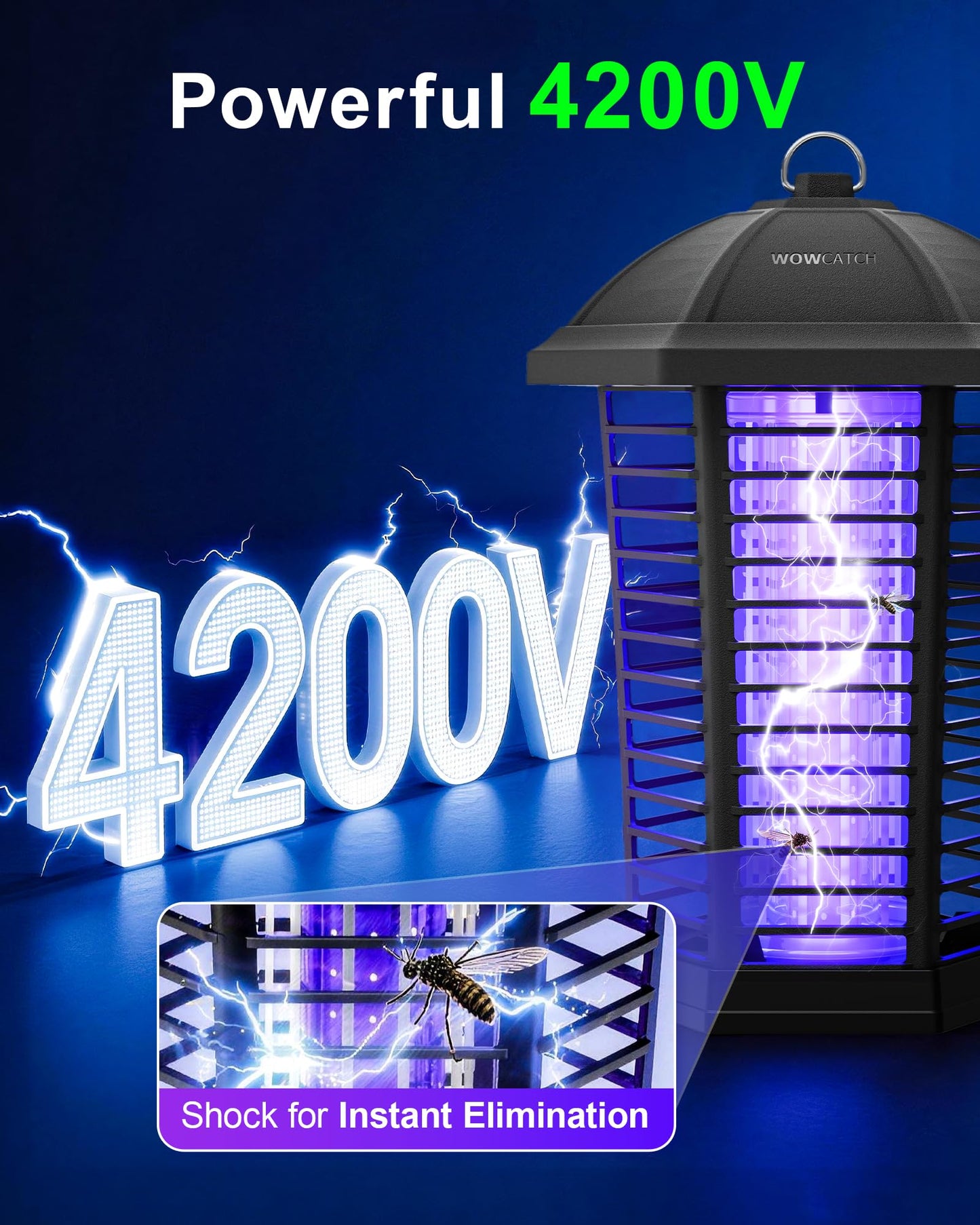 WowCatch Upgraded LED Bug Zapper Outdoor Indoor, Up to 50,000 Hours Lifespan (No Bulb Replacement), 4200V Powerful Mosquito Zapper, Electric Fly Trap Killer for Patio, Backyard, Home, Camping