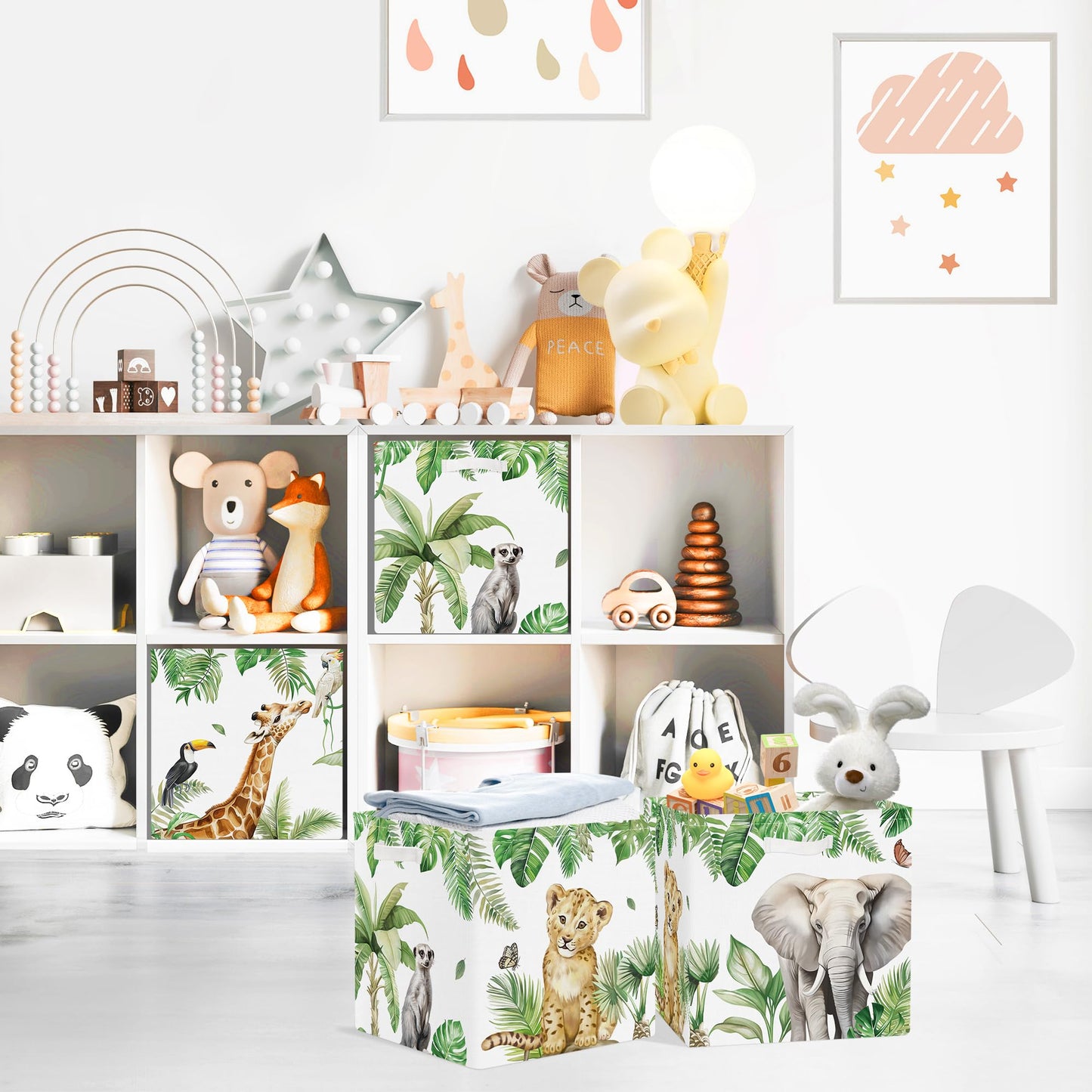 Clastyle Jungle Animals Kid Storage Cube Organizer Set Tropical Leaves Palms Giraffe Closet Clothes Cube Storage Bin Nursery Toddler Toy Box Chest Girl Boy Book Shelf Basket,Lion,11.8x11.8x11.8 in