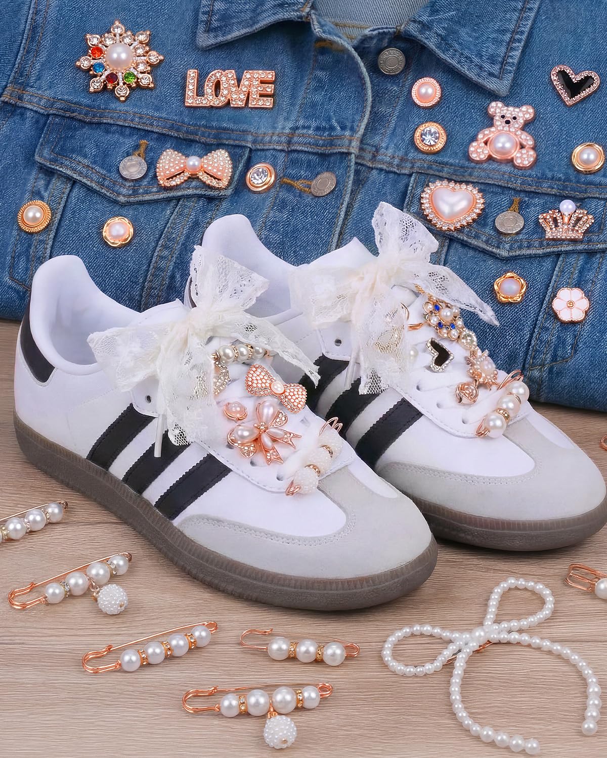 LovelyMoon 70 Pcs Junk Socks Charms Kit, Gold Brooches and Pins for Women, Pearl and Rhinestone Sock Charms with Safety Pins, DIY Accessories for Decorating and Personalizing Socks