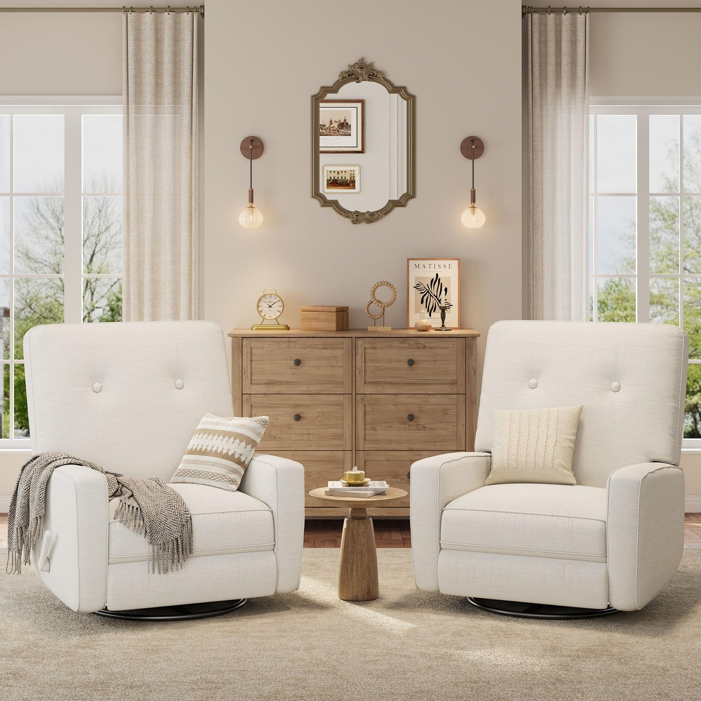 IDEALHOUSE Recliner Chair, 360° Swivel Rocking Glider Chair for Adults with Adjustable Backrest & Footrest, Cozy Linen Upholstered Armchair for Living Rooms, Bedrooms, Apartments, Beige