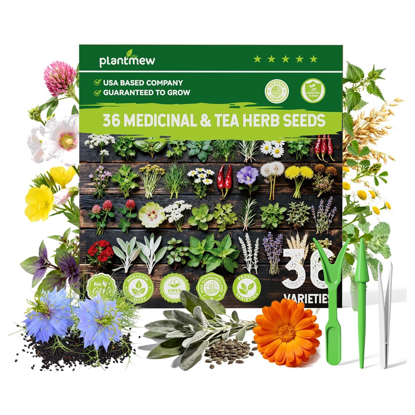 Medicinal Herb Seeds Variety Pack - 36 Non-GMO Herbal Tea Garden Seeds: Chamomile, Lavender, Echinacea, Yarrow, Mugwort for Planting Indoor & Outdoor, Apothecary & Homesteading Supplies