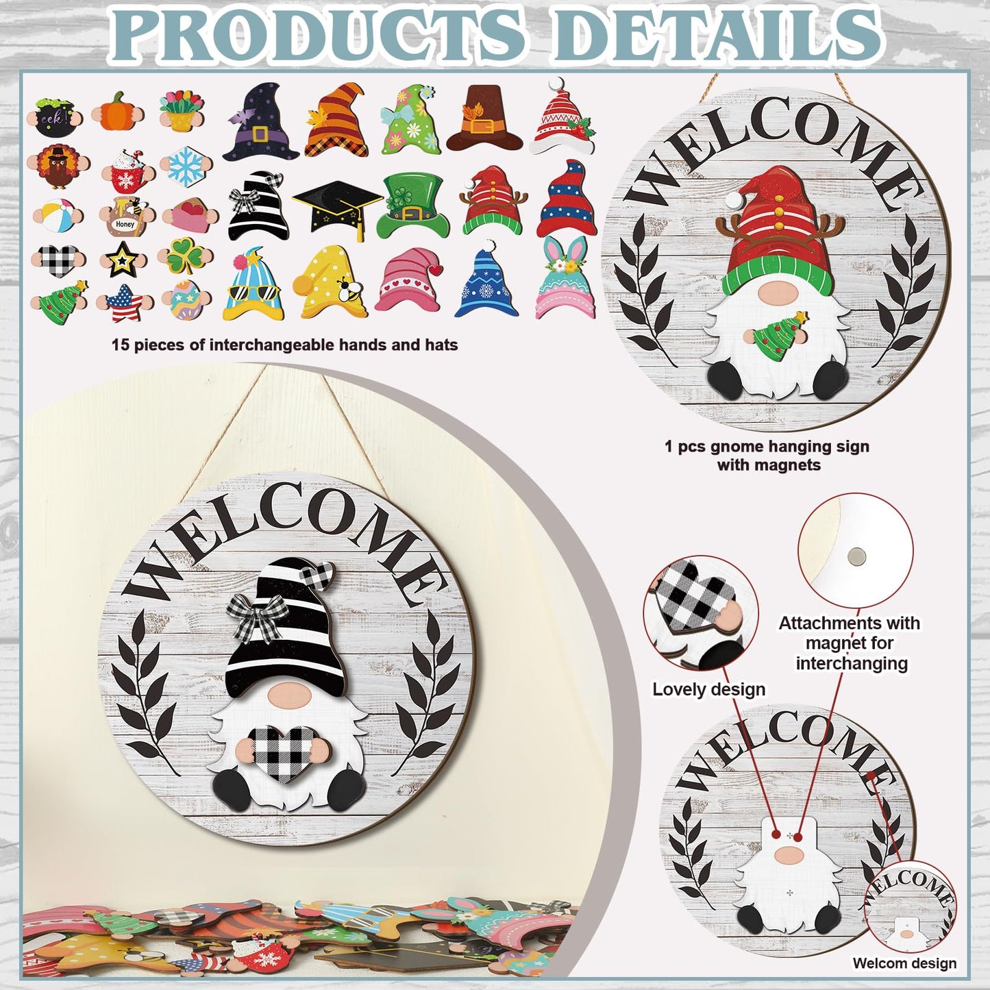 Qunclay 31 Pcs Fascinating Interchangeable Wooden Gnome Door Hanger Holiday Seasonal Gnome Decorations with Magnet Pieces and Detachable Hats Changeable Welcome Sign for Home (Gray)
