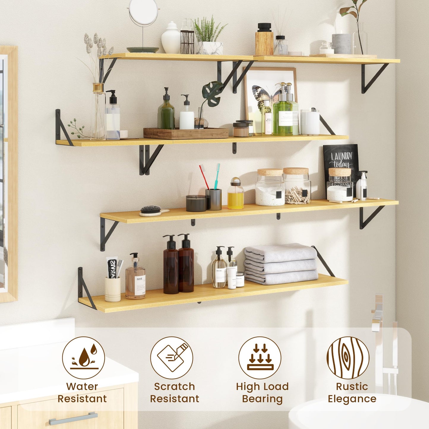 Acovy Floating Shelves for Wall,48" Wx8 D Wood Wall Shelves,Hanging Storage Floating Shelf with Metal Brackets,Wide Floating Bookshelf for Living Room,Office,Bedroom,Bathroom,Set of 2,Oak