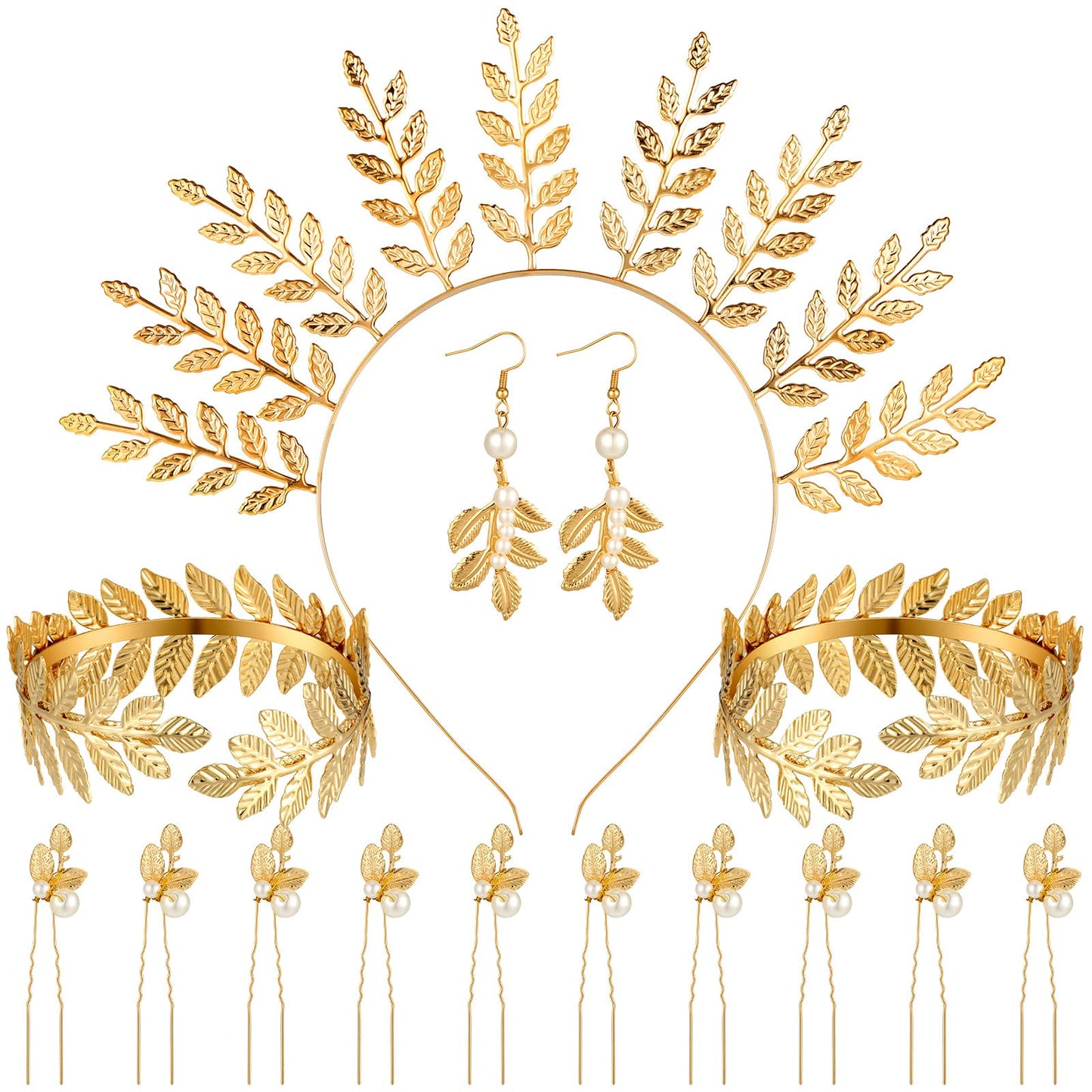 WILLBOND 15 Pieces Greek Goddess Headpiece Toga Accessories Women Golden Leaves Bridal Crown Headband Greek Goddess Wedding Headpiece Hair Accessories Bracelet Earrings Hair Pins(Elegant Style)