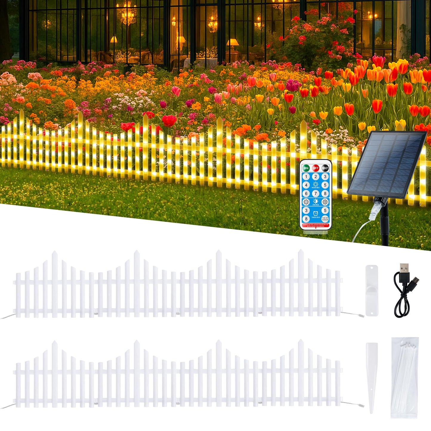 Hopolon 8 Pack White Picket Fence for Garden, 11.1in (H) X 9.1ft (L) Garden Fence Border with 144 Led Solar Lights and Remote, Decorative Mini Pocket Fence for Small Flower Path Tree Yard Pet Barrier
