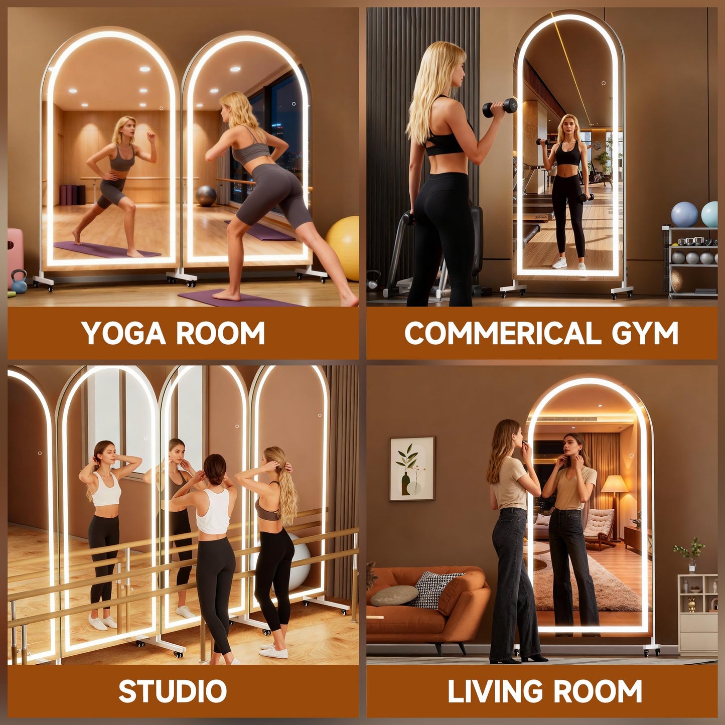 Hasipu 79" x 40" Arched LED Rolling Gym Mirror with Wheels, Dimmable Lighted Body Mirror with 3 Color Temperatures & Adjustable Brightness for Bedroom, Yoga Studio & Home Gym
