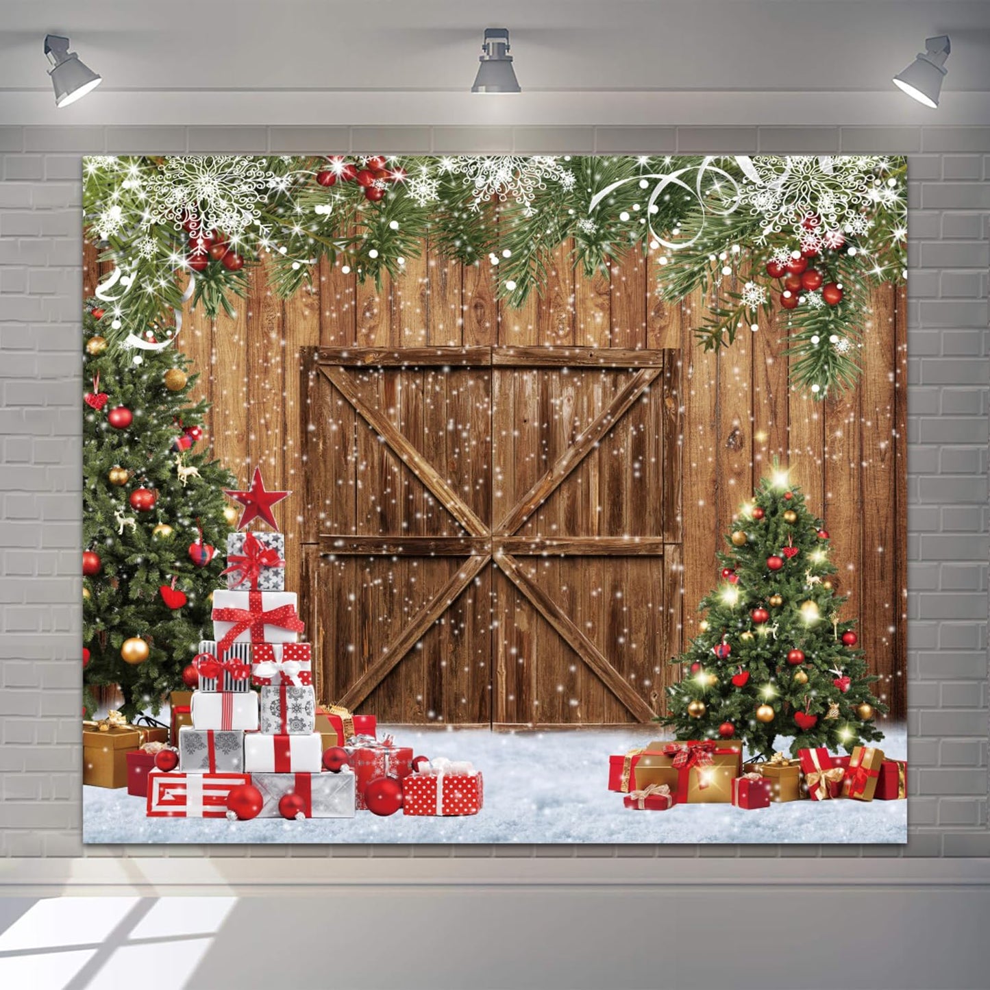 Merry Christmas Backdrop 10x10ft Xmas Tree Wood Barn Door Photography Backdrop Christmas Tree Wreath Gift Box Xmas Light Photoshoot Background New Year Xmas Party Decorations Backdrop Banner Supplies