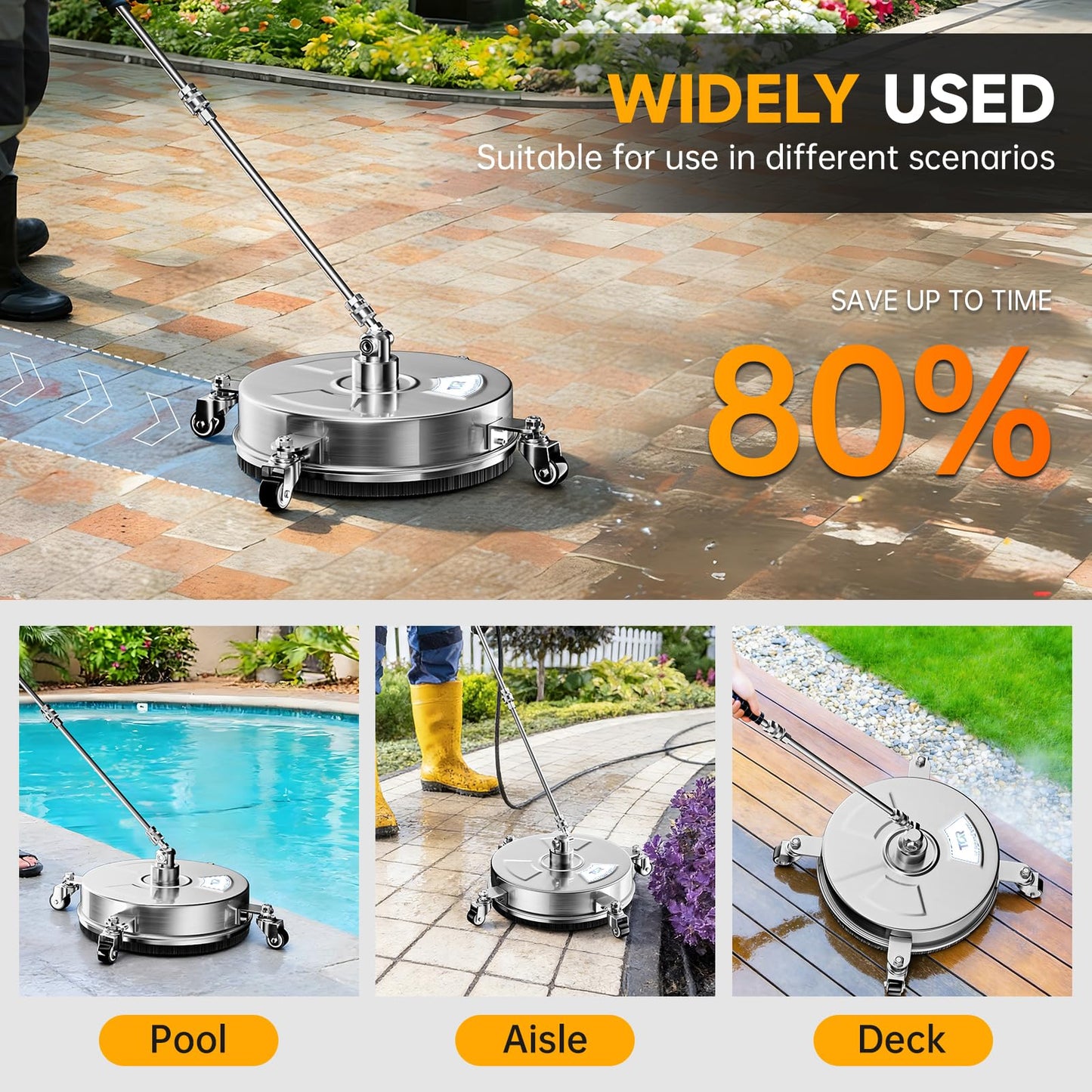 TOR 14" Stainless Steel Pressure Washer Surface Cleaner with 4 Caster Wheels, 4000 PSI, 2 Extension Wands & Nozzles, Power Washer Surface Cleaner for Concrete, Driveway, Patio, 1/4" Quick Connect