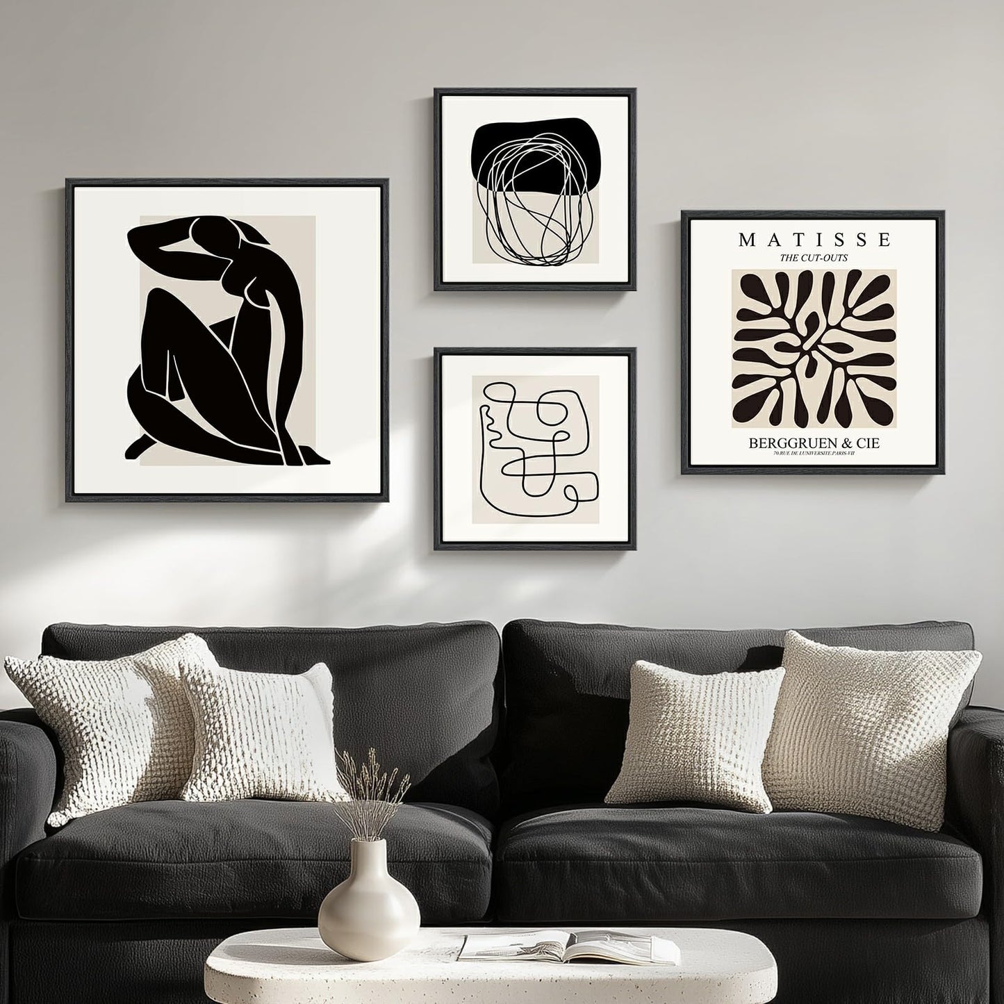Framed Matisse Abstract Wall Art for Living Room, Set of 4 Piece Black and White Modern Canvas Artworks, Mid Century Neutral Beige Minimalist Painting Prints for Bedroom Hallway Office Wall Decor