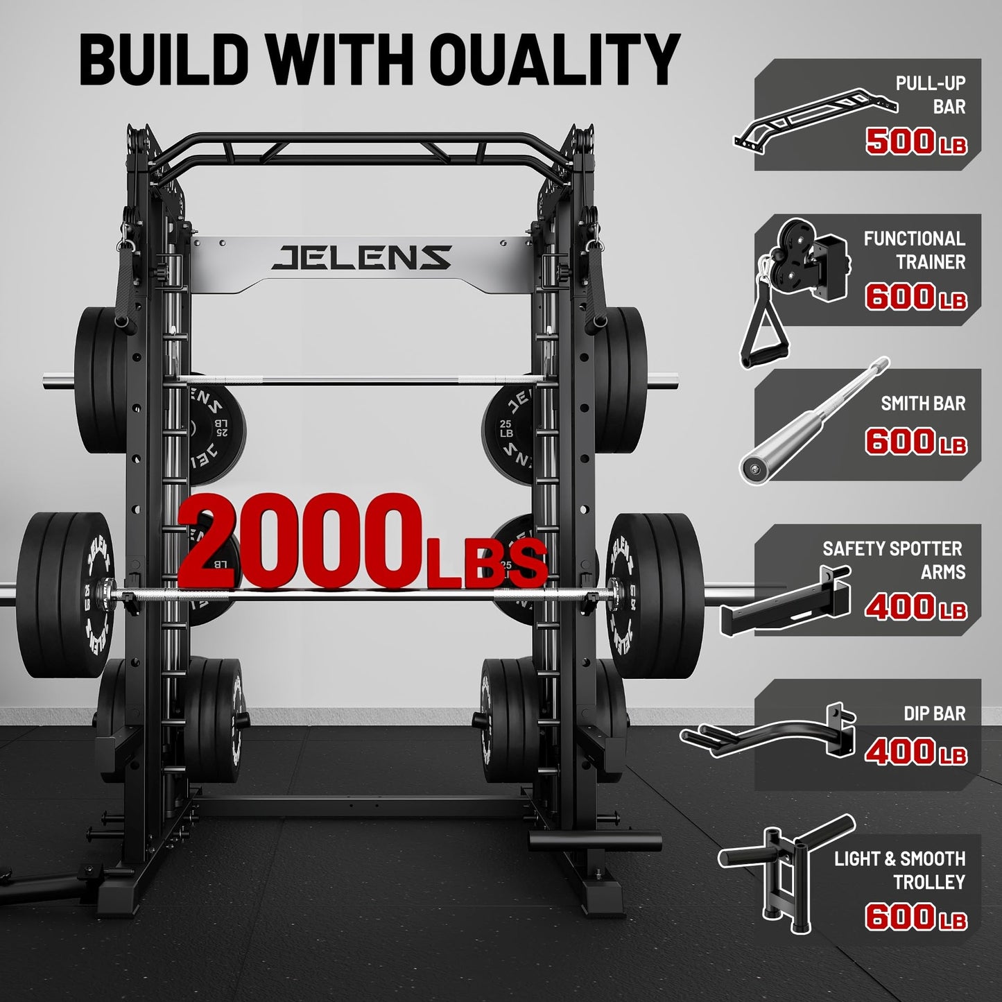 JELENS Smith Machine for Home Gym, Multi-Function M12 Power Cage, Squat Rack with Smith Bar and More Attachment (Black, Weight Bench Package)