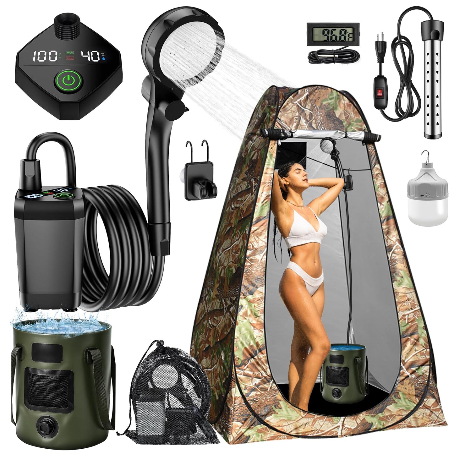 HeiPen Portable Camping Shower Kit, 6000mAh Rechargeable Outdoor Shower Kit with Intelligent LED Display for Camping, Hiking, RV, Traveling, Beach (Portable Hot Shower with Tent)