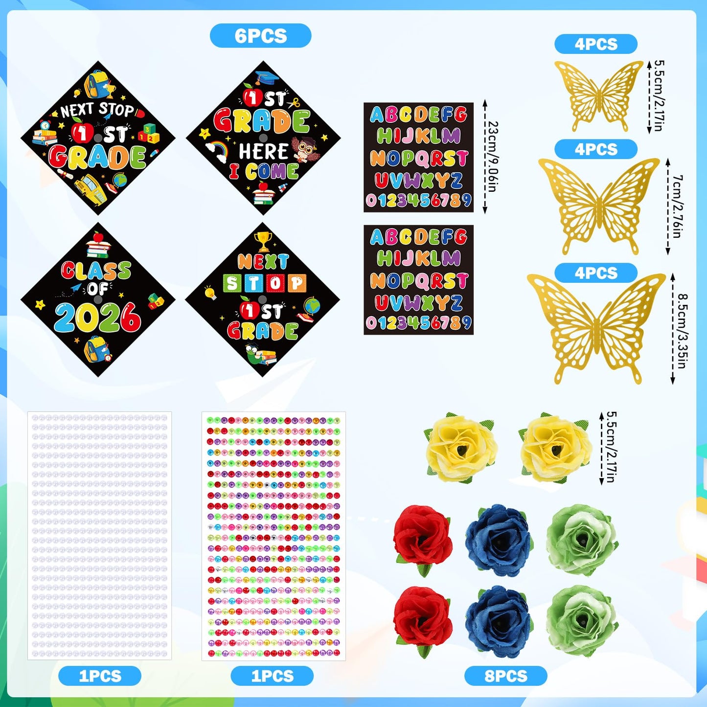 cosmisun Kindergarten Graduation Cap Decorations - 28 Pcs DIY Grad Cap Decorations Kit, Faux Flowers 3D Butterfly Rhinestones Pearl Stickers for Hat Topper Crafts Gift, 2026 Graduation Party Supplies