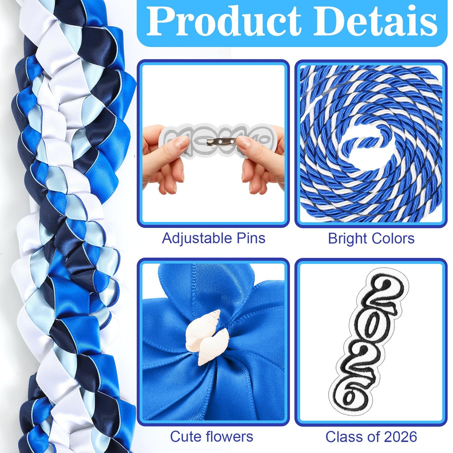 Craftsatin 2026 Graduation Money Leis with Honor Cord Class of 2026 Graduation Ribbon Money Leis Double Braided Handmade Necklace Kit for for High School College Grad Party Supplies(Blue White)