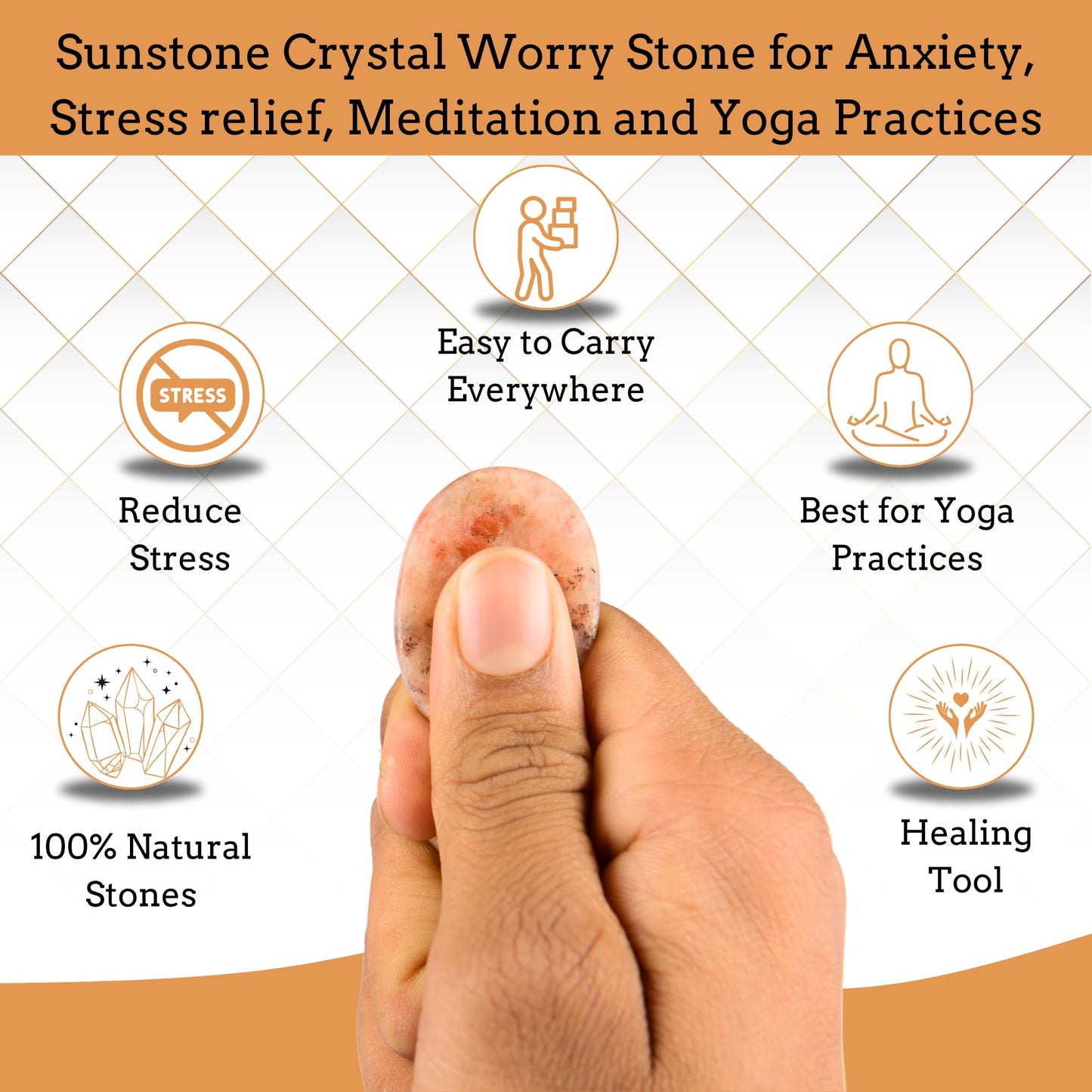 Anaya Agate Sunstone Worry Stones Certified Crystal Thumb Worry Stone for Anguish, Relaxing and Soothing Balance Stones for Meditation, Stress Relief Crystals and Healing Stones for Men, Women