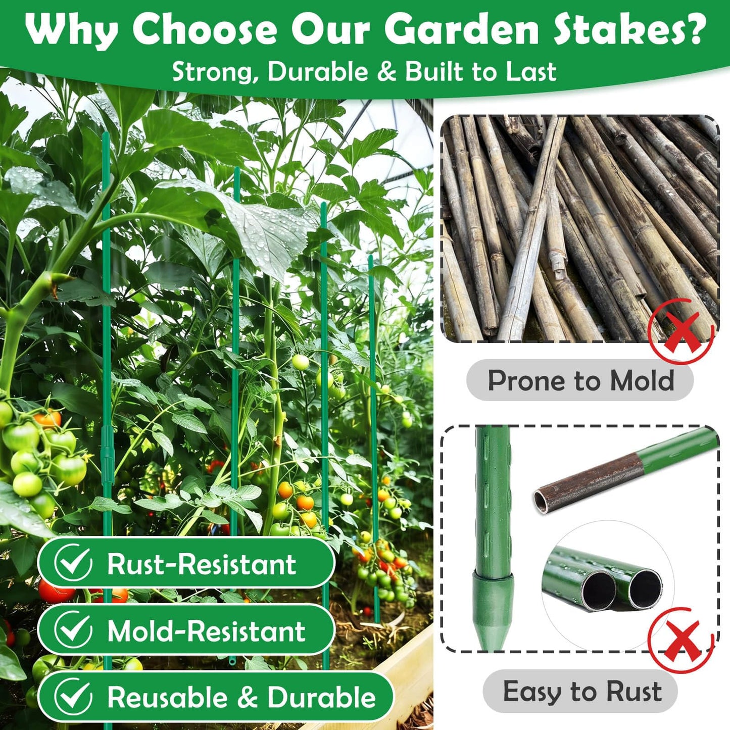 Tetutor 337 PCS Garden Stakes, Fiberglass Tomato Stakes, Garden Sticks with Accessories, 105 Sets DIY 4ft, 5ft, 6ft, 7ft Plant Stakes, Plant Sticks Supports for Indoor Outdoor Plants, Vegetables