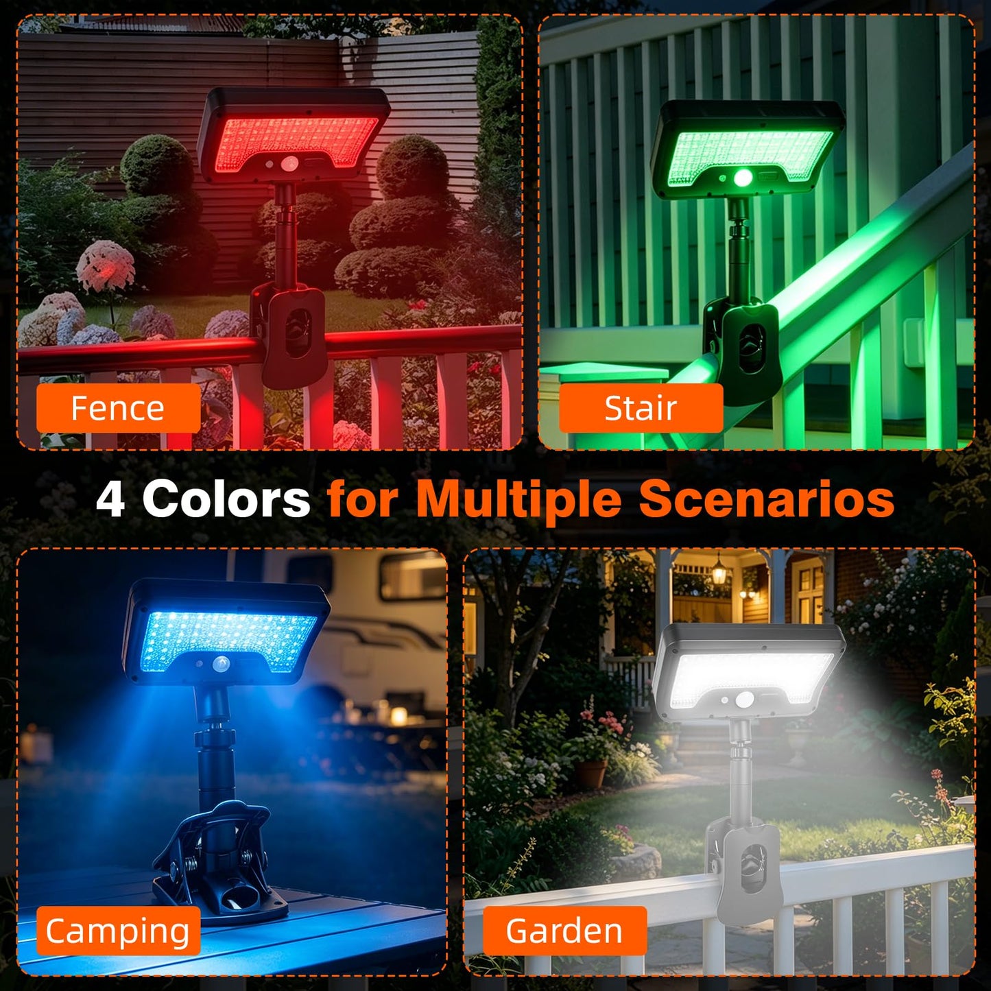 Clip On Solar Lights Outdoor with Motion Sensor, 4-Color 3 Modes Lighting (92 LEDs, 600 LM, 6000 K) IP65 Waterproof, 360° Adjustable Flexible Clamp for Fences Gardens Decks Camping Gutter (2)