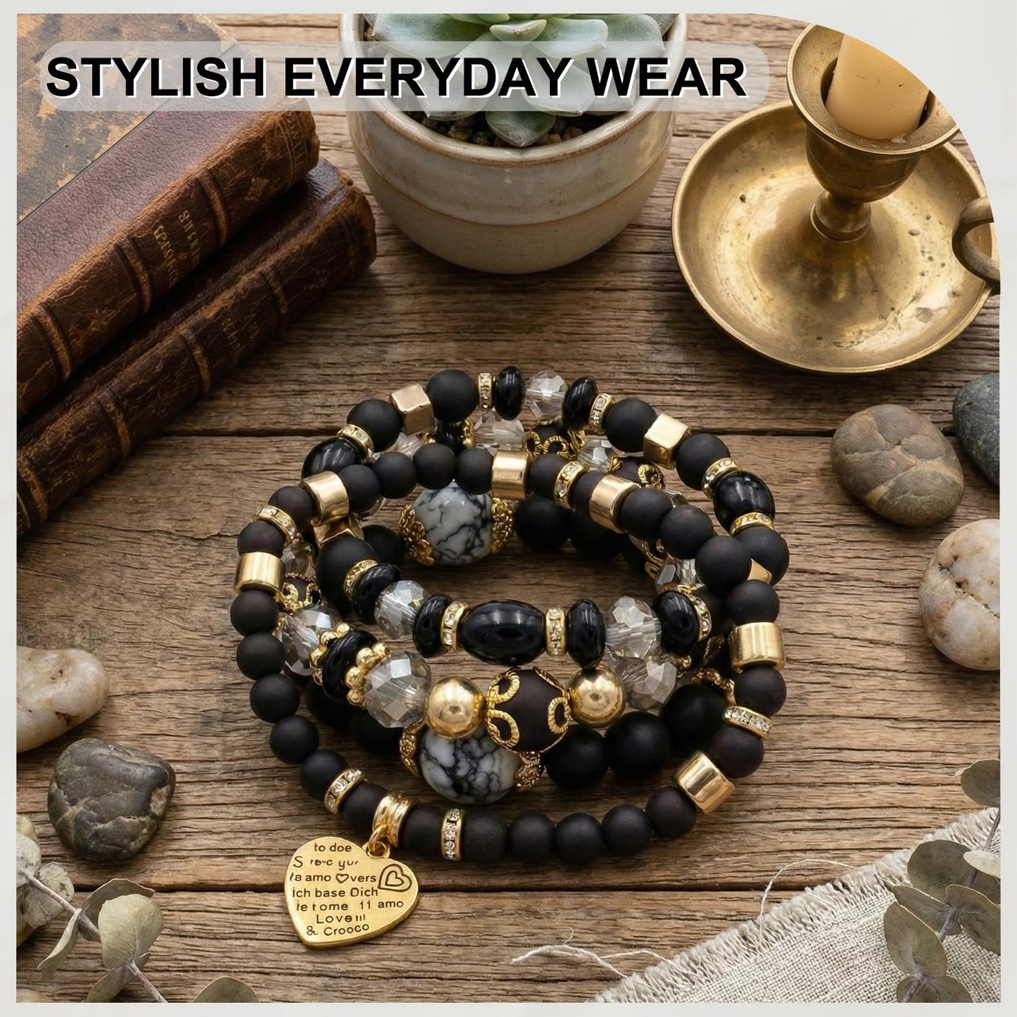 Ysenchan Bohemian Bracelet Set for Women, 4 Pcs Beaded Stackable Bracelets with Heart Charm, Stretch Bracelets, Boho Jewelry Gift – [Black]