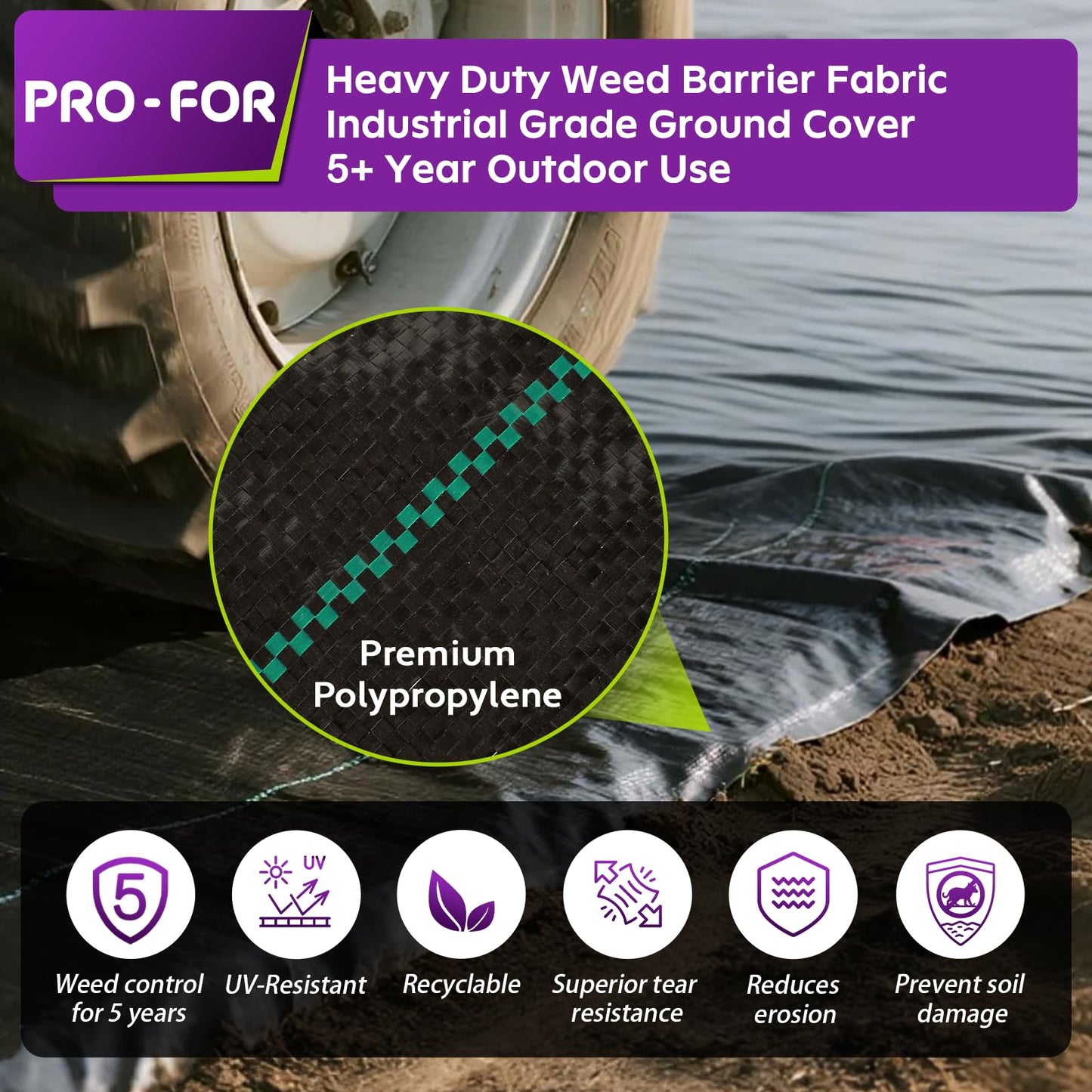 PRO-FOR 3FT x 100FT 3.2oz Heavy Duty Weed Barrier Landscape Fabric – Premium Woven Ground Cover for Gardening, Farming & Driveways, Breathable Weed Control Cloth with 10 U-Shaped Securing Pegs