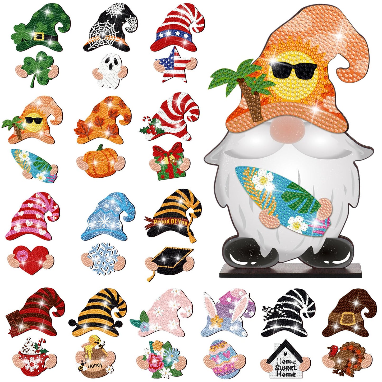 Juexica 32 Pcs Christmas Magnetic Diamond Painting Gnome Sign Art Decor Interchangeable Standing Posture DIY Seasonal Holiday Gifts Tiered Tray with Magnet Pieces for Home Office Desk(Adorable)
