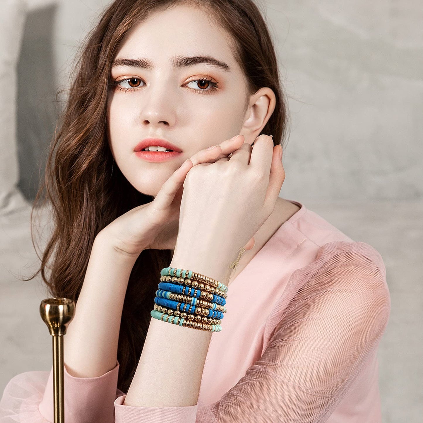 GOOJIDS Surfer Heishi Clay Bead Bracelets for Women Bohemian Stackable Gold Plated Beaded Stretch Bracelets Elastic Layering Friendship Bracelets Set Boho Jewelry