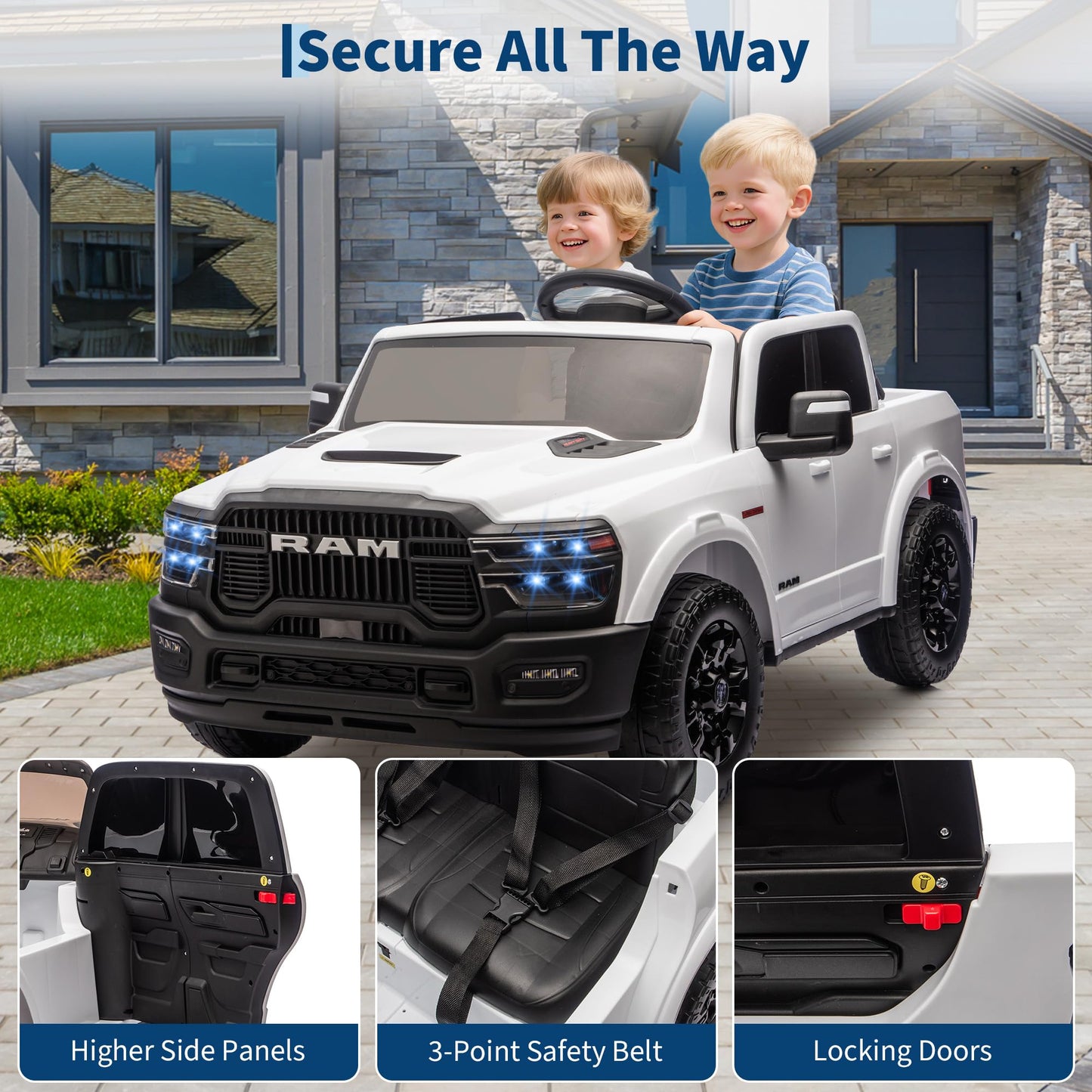 Licensed RAM 2500, 2 Seater Electric Car for Kids, 24v Ride on Truck w/Remote Control, Toddler Ride on Toys w/Bluetooth, Spacious Truck Bed, 3 Speed, LED Lights, Suspension, Gifts for Boys Girls