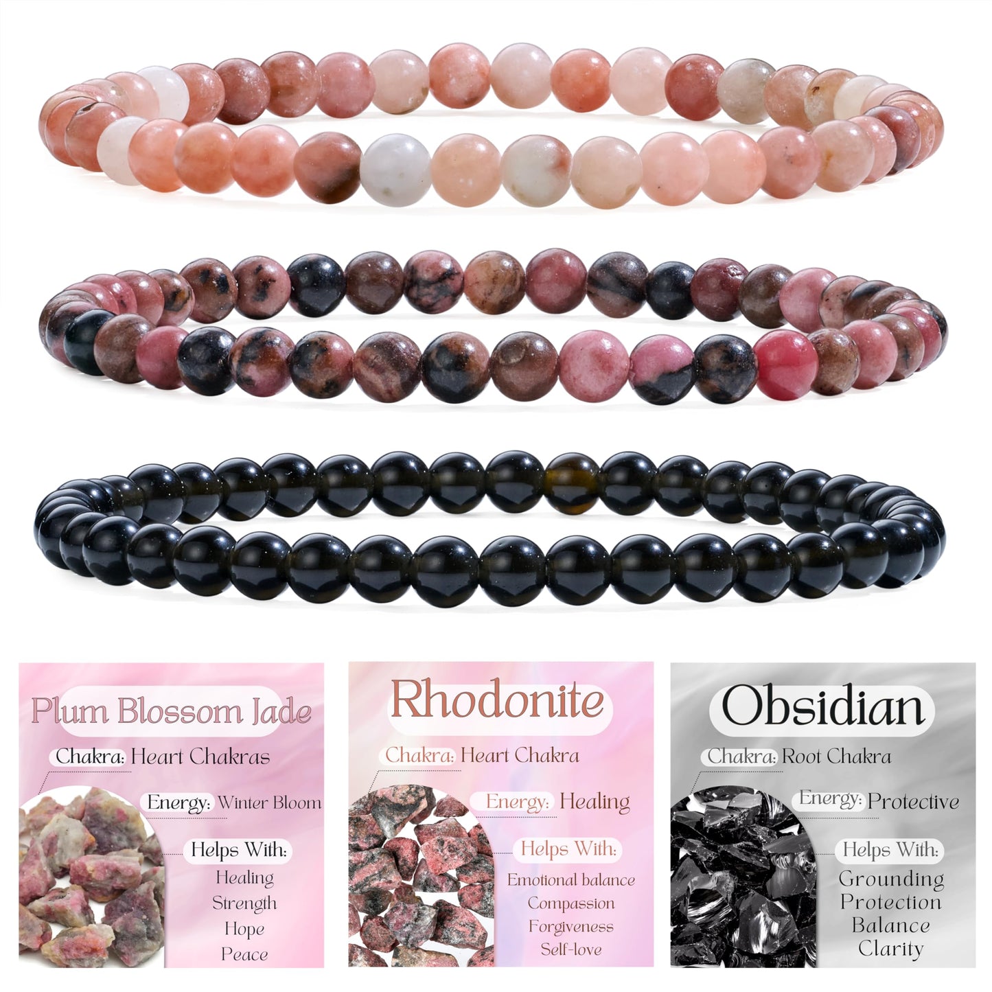 Bivei 3-Piece 4mm Beaded Bracelets for Women – Plum Blossom Jade, Rhodonite, Black Obsidian – Handmade Natural Crystal Stretch Elastic Jewelry for Meditation, Yoga, Protection Gifts