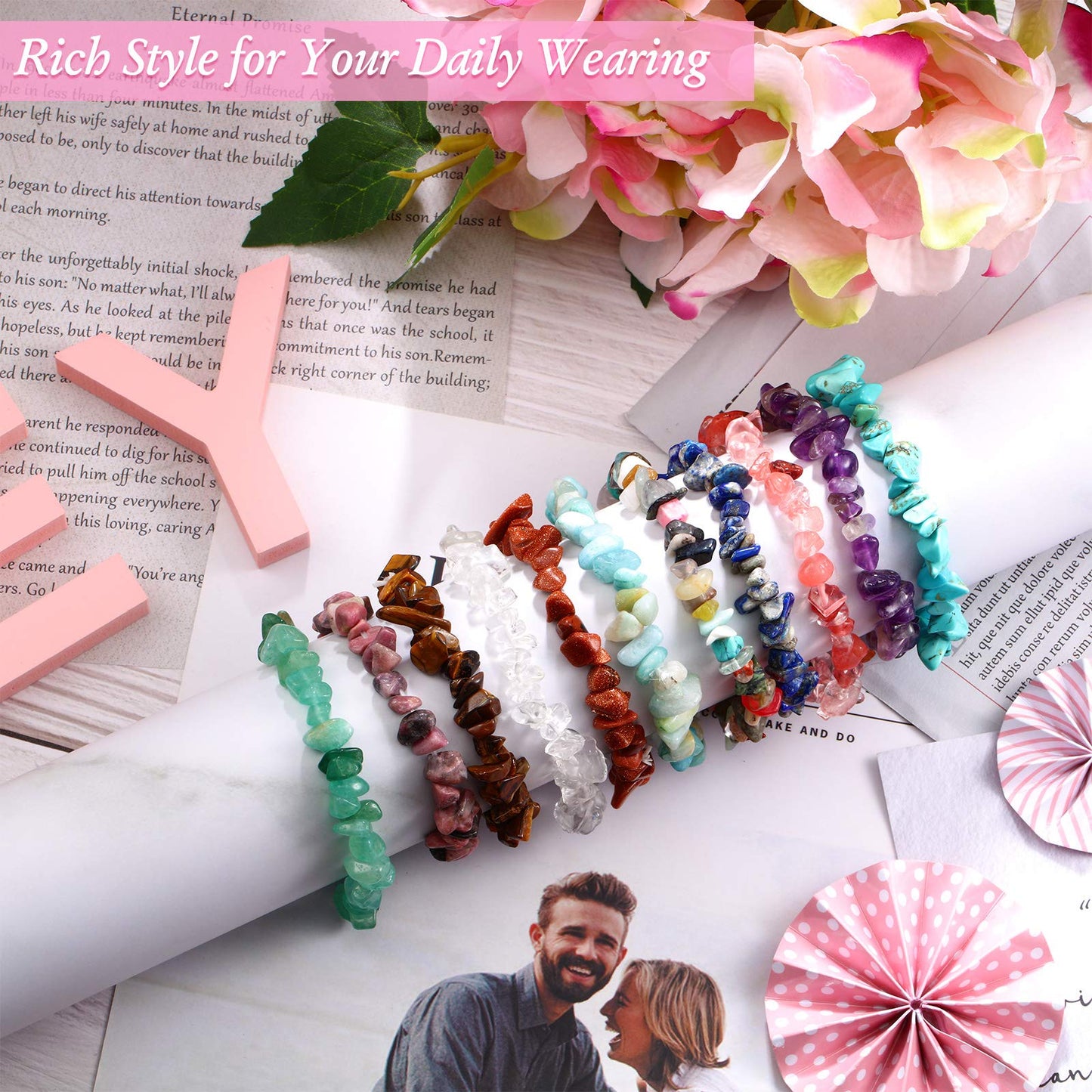 Hicarer 20 Pieces Crystal Stretch Chip Bracelets Bulk Natural Gemstone Chakra Bracelets for Women Reiki Yoga Anxiety(Classic Style)