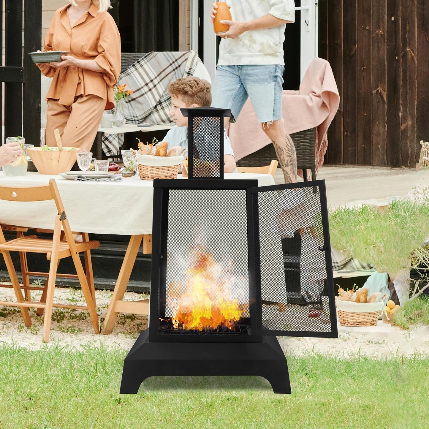 Walsport Chiminea Outdoor Fireplace, 43 Inch Wood Burning Fire Pit with Grill Grate and Spark Screen Cover, Outdoor Fire Pit for Patio, Backyard, Deck Porch and Camping, Black