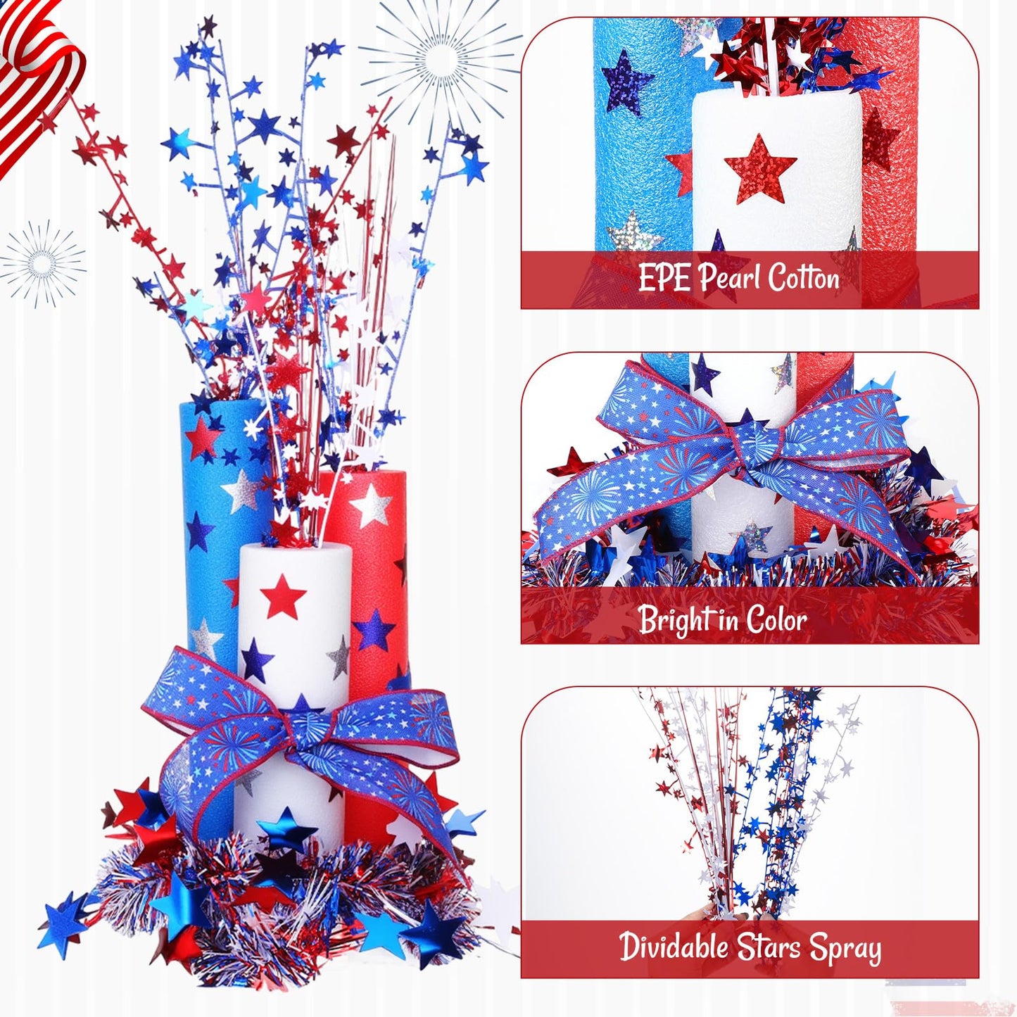 Maasechs 4th of July Foam Firecracker DIY Kits Patriotic Decorations Include Red White Blue Foam Noodles Stars Branches Sticker Ribbon Tinsel Garland for Independence Day Memorial Day Home Party Decor
