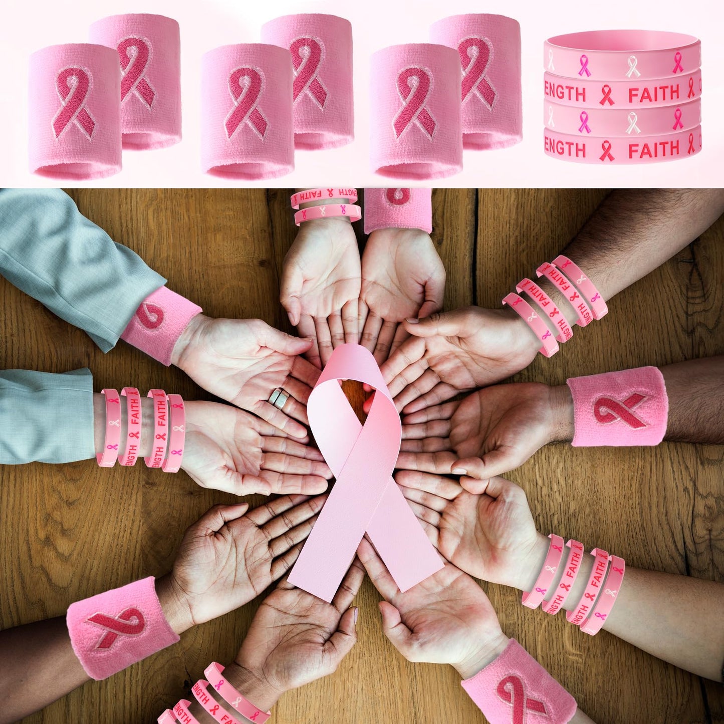 Wettarn 48 Pcs Breast Cancer Awareness Wristbands Silicone Pink Ribbon Cuffs Bulk Wrist Bands Football Inspiring Pink Sweatbands Awareness Gifts for Women Gym Athletic Sports Athletic Party Favors