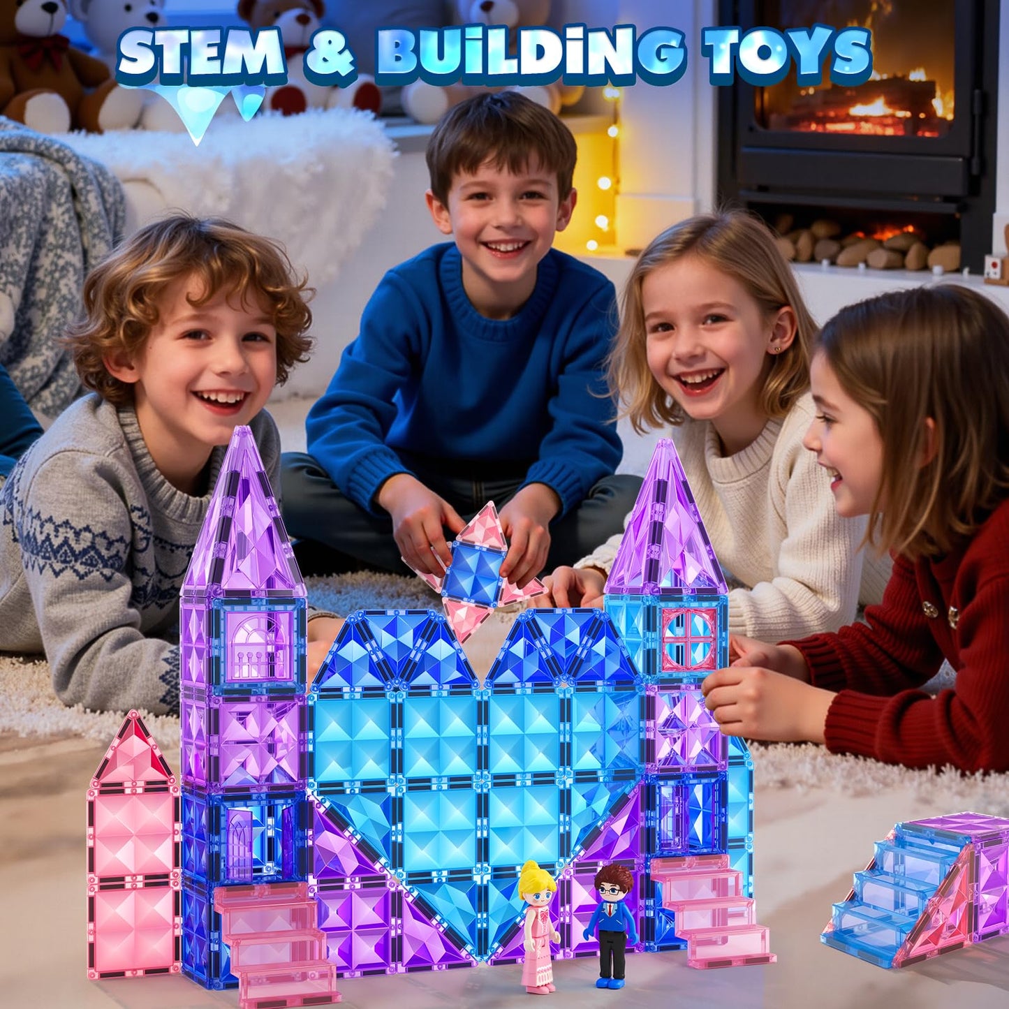 Magnetic Tiles 102pcs with 2 Stairs 2 Dolls Princess Castle Building Girls Toys Age 4-5 6-8 Magnetic Blocks Birthday Xmas Gifts for Girls Toys for 3 4 5 6 7 8+ Year Old