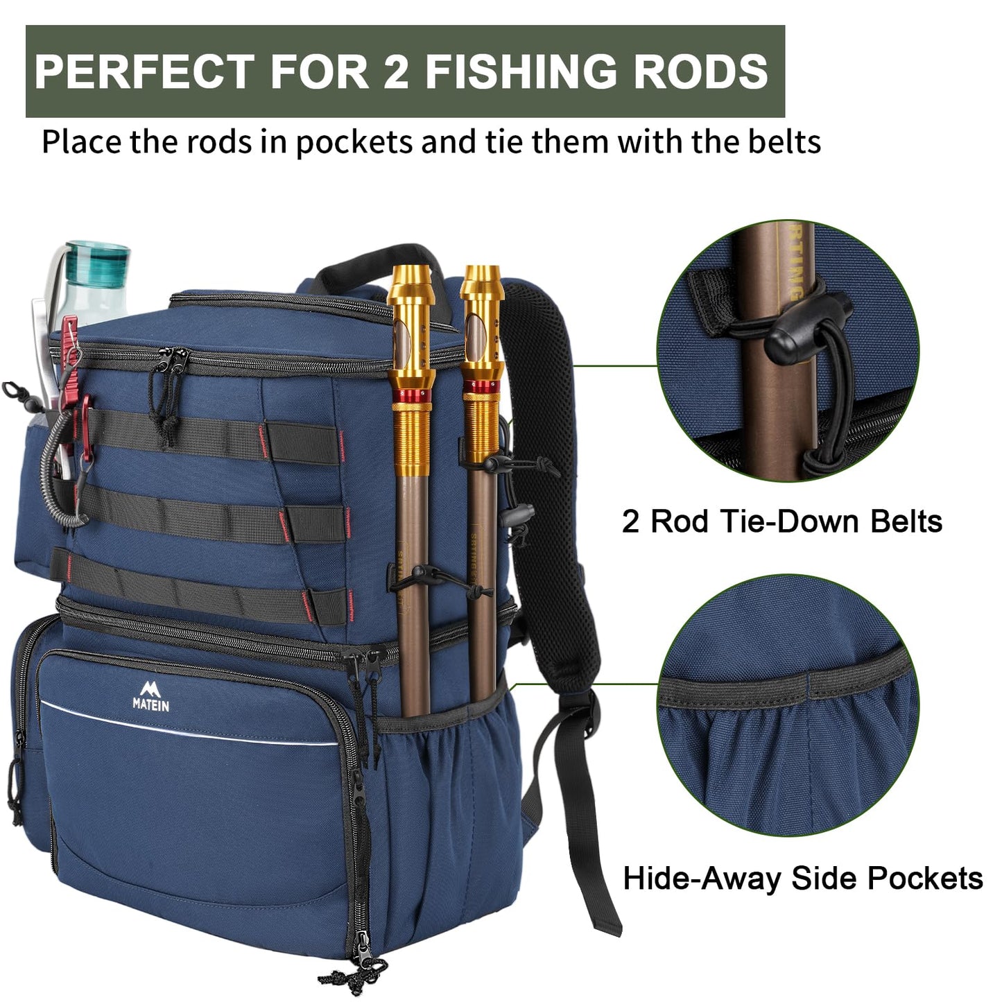 MATEIN Large Fishing Backpack for Boys, Water Resistant Large Fishing Gear Backpack with Rod Holders & Cooler, Tackle Storage Bag for Shore Trips, Gifts for Fishermen