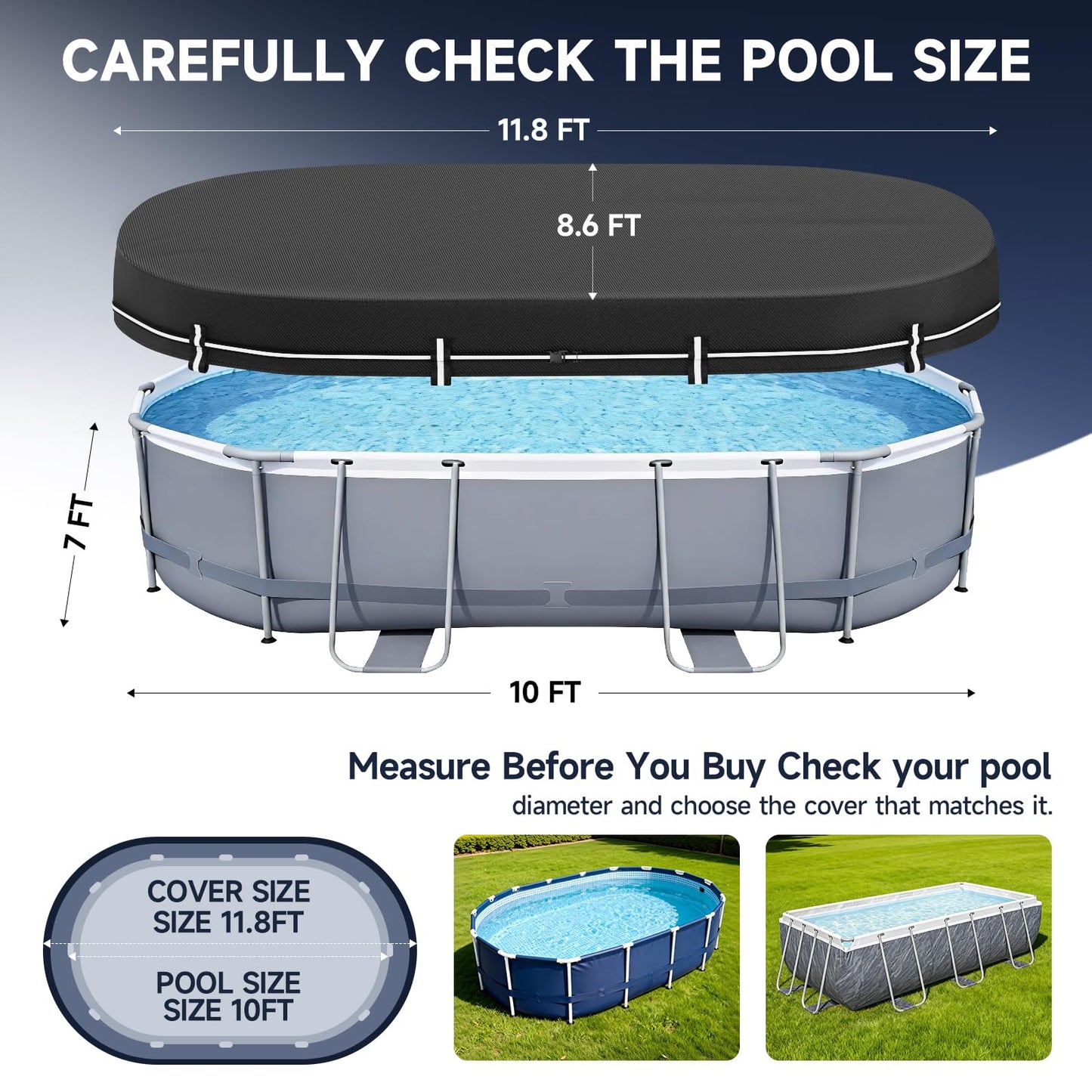 LXKCKJ 7X10 FT Rectangular Pool Covers for Above Ground Pools, 420D Solar Oval Pool Cover with Accessories Set, Integrated Design Pool Tarpaulin Ideal for Waterproof, Dustproof, Windproof