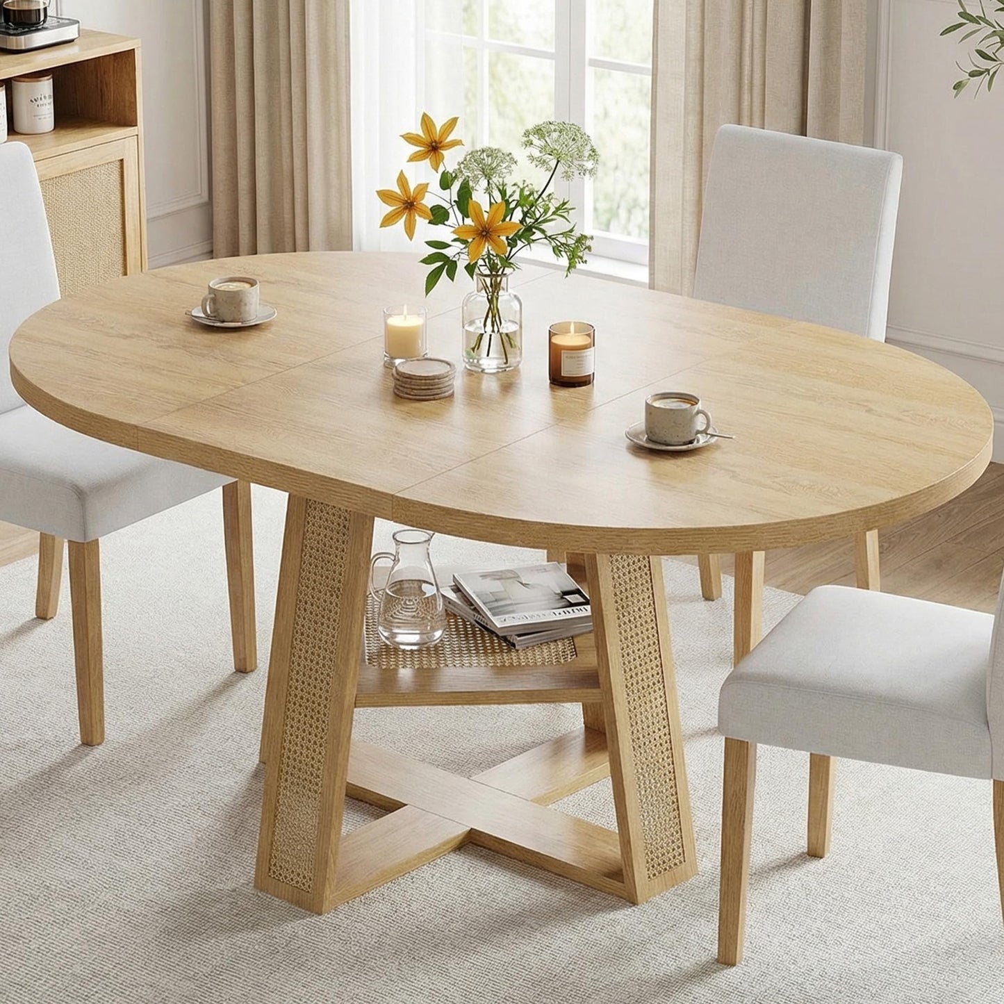 LIKIMIO 43"-59" Extendable Round Dining Table for 4-8, Transformer Oval Dining Room Table with Removable Leaves Space Saving, Wood Base Modern Kitchen Table with Storage Shelf for Living Room, Natural