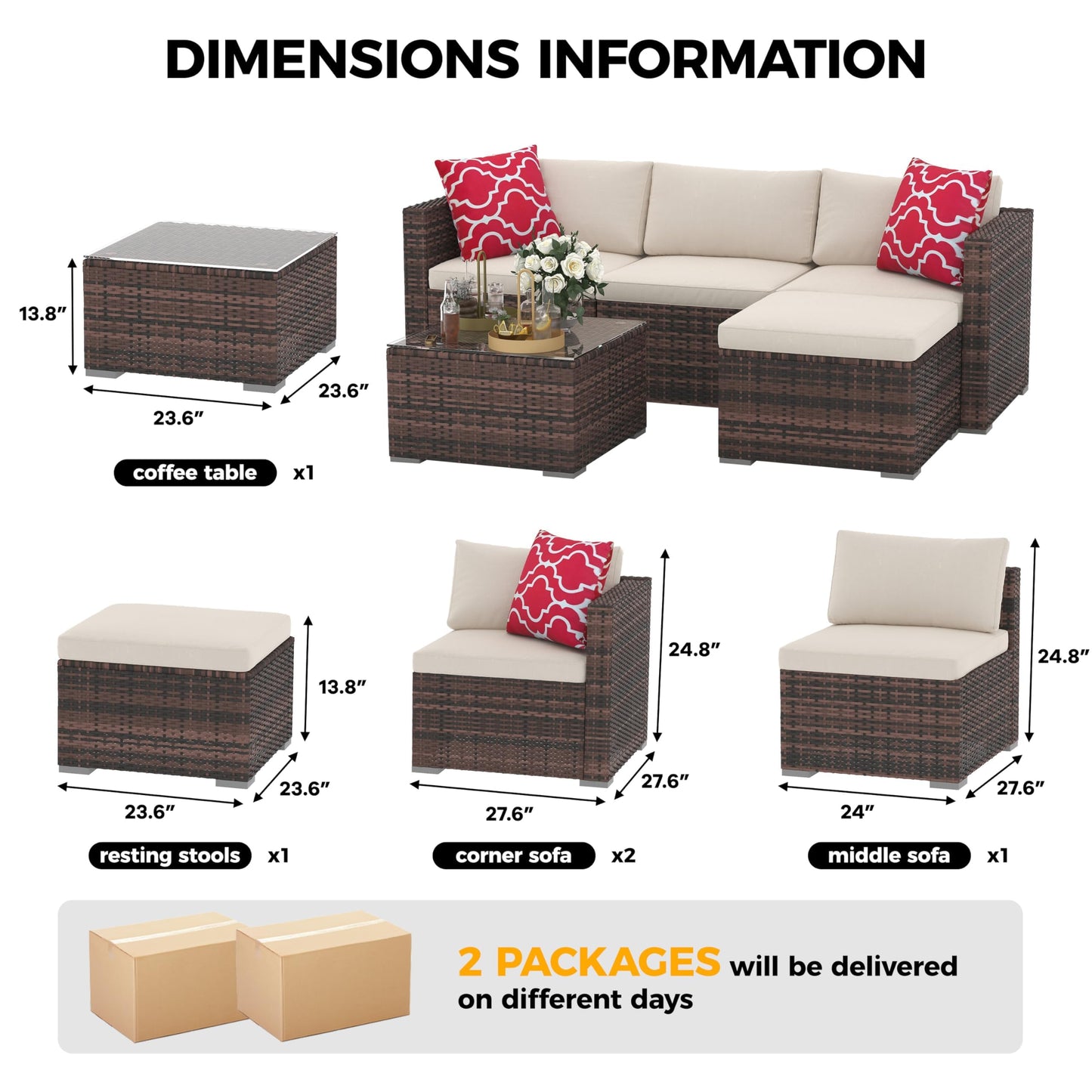 5 Piece Outdoor Patio Furniture Set, Rattan Deck Conversation Sofa Set with Non-Slip Cushions, All-Weather Sectional Sofa with Glass Storage Table and Balcony Footstool, Poolside, Garden, Brown+White