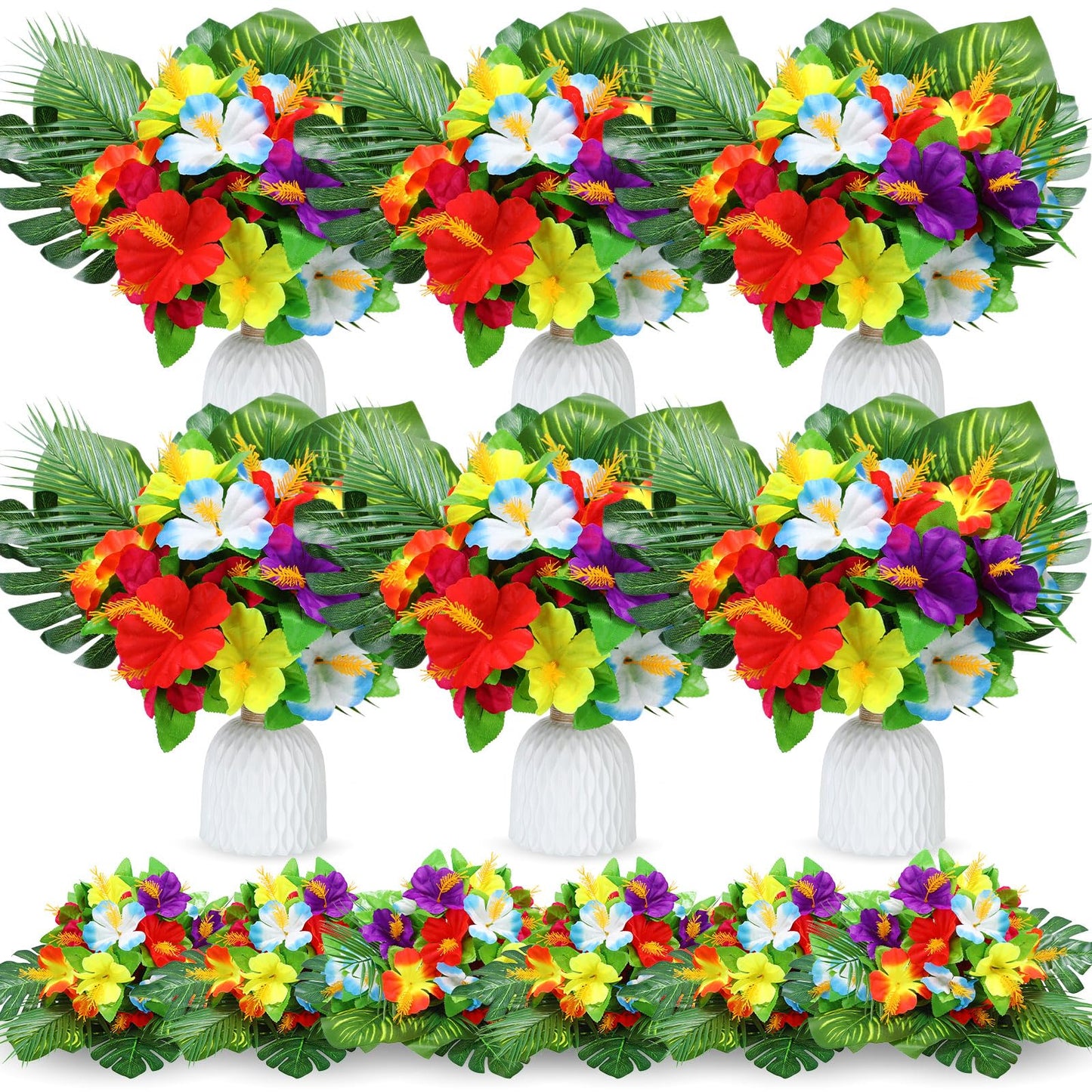 Hotop 24 Pcs Hawaiian Flower Centerpieces for Tables Artificial Palm Leaves Fake Hibiscus Flowers Tropical Party Decorations Supplies for Luau Safari Jungle Beach BBQ Theme Party Birthday Table Decor