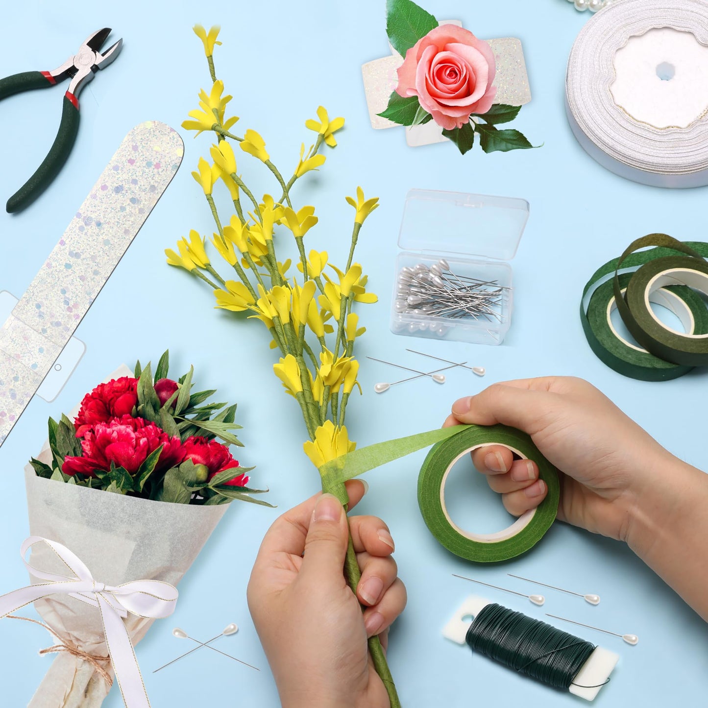 AHIER 161 PCS DIY Wrist Corsage Making Kit with 5P Wrist Corsage Bracelets, Floral Wire and Cutter, Floral Tape, Pin, Ribbon for Wedding Party Boutonniere Supplies