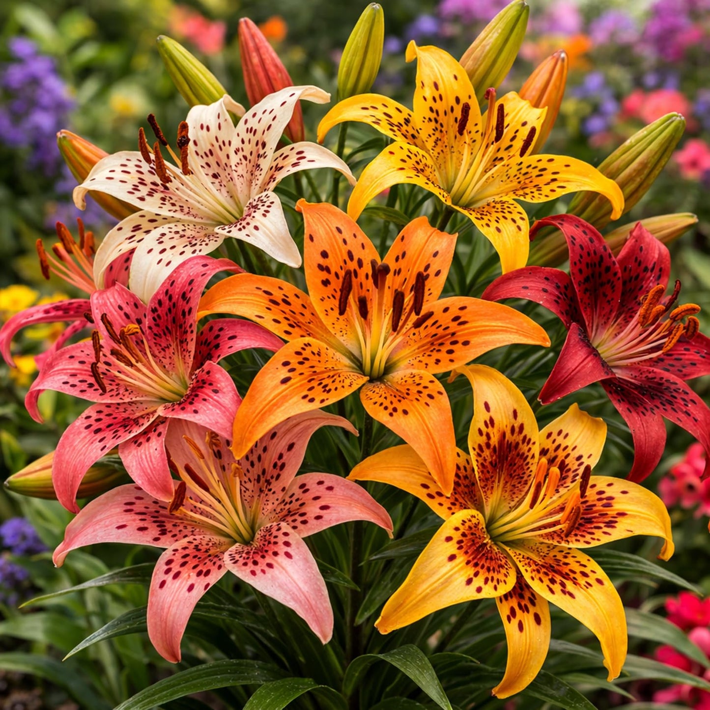 Mixed Color Tiger Lily Bulbs for Planting – Vibrant Blend of Orange, Yellow, Red, Pink & White – Hardy Perennial Summer Flowers – Easy to Grow (3 Bulbs)