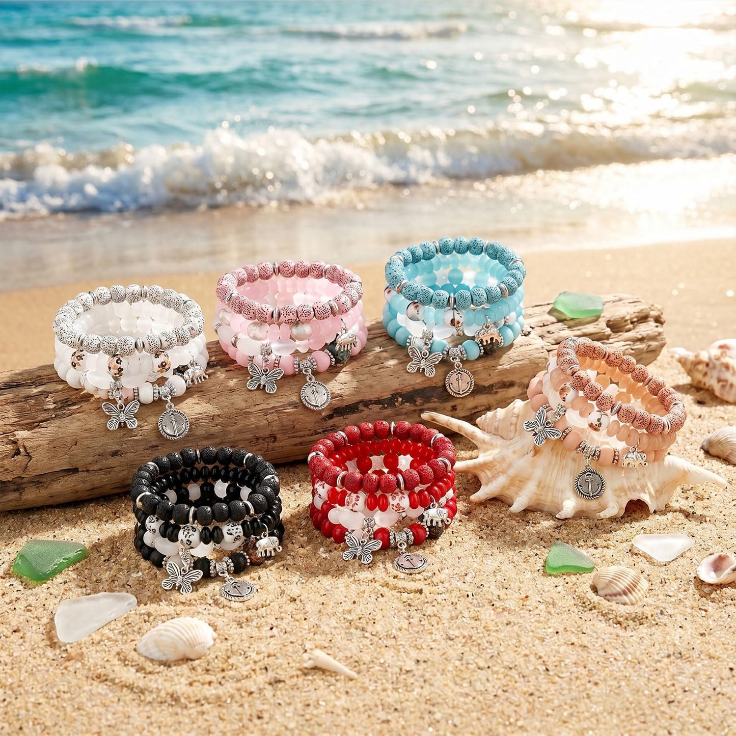 JununGao 7 Pack Bohemian Boho Bracelets for Women Set,Stackable Bracelets, Stretch Multilayer Colorful Beaded Charm Bracelets, Handmade Jewelry.