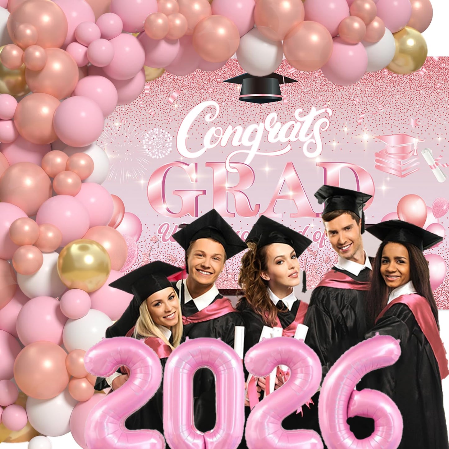 Pink Graduation Decorations Class Of 2026 - Graduation Balloon Arch Kit With Pink Rose Gold Balloons, Grad Backdrop, 2026 Foil Balloons For Girls High College School Decor