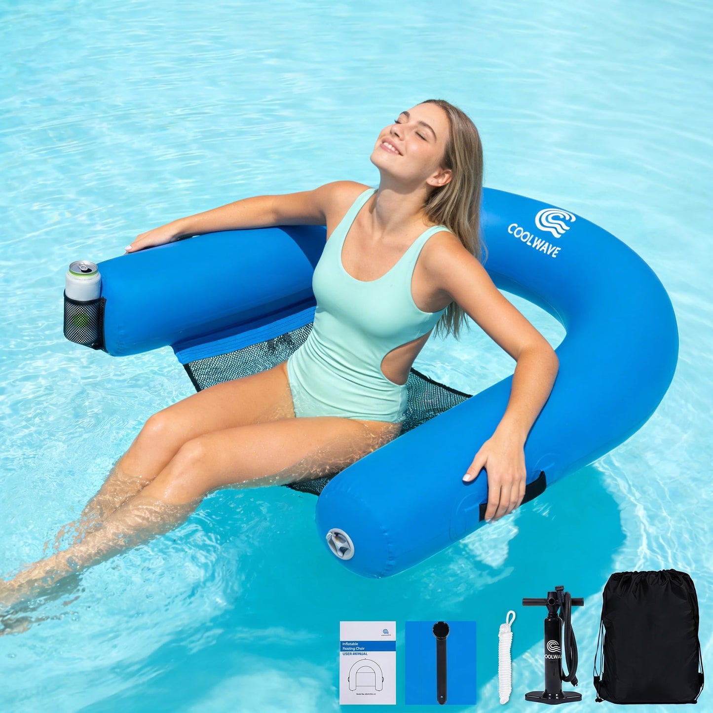 COOLWAVE Inflatable XL Floating Pool Chair, Heavy Duty PVC Floating Lounge Chair, 39" x 38" Connectable Pool Floats Adult with Built-in Cup Holders for Ocean, Lake and Pool, Multiple Color Options