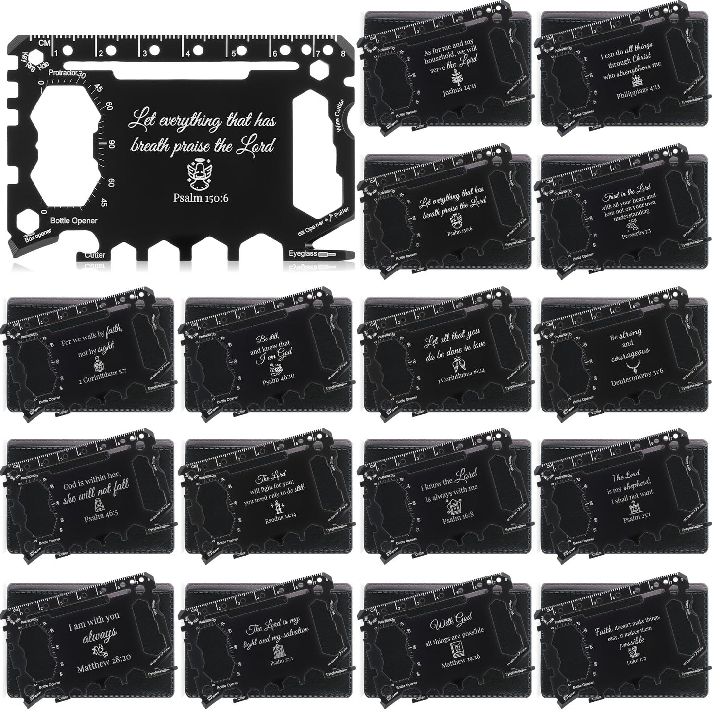 Otoolling 16 Pcs Bible Verse Credit Card Wallet Multitool 46 in 1 Metal Stainless Steel Survival Pocket Tool Multipurpose Bottle Opener Bulk Christmas Stocking Stuffer Gift for Men Dad Husband
