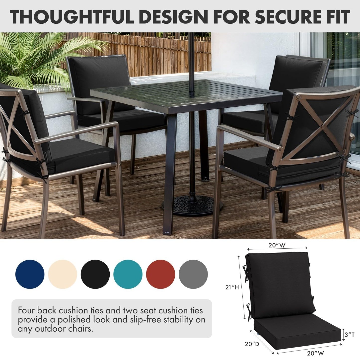 MIULEE Black Outdoor Dining Cushion 20x20 Inch Waterproof & 3 Year Color Fastness Deep Seat and Back Cushion for Patio Furniture Chair with Ties