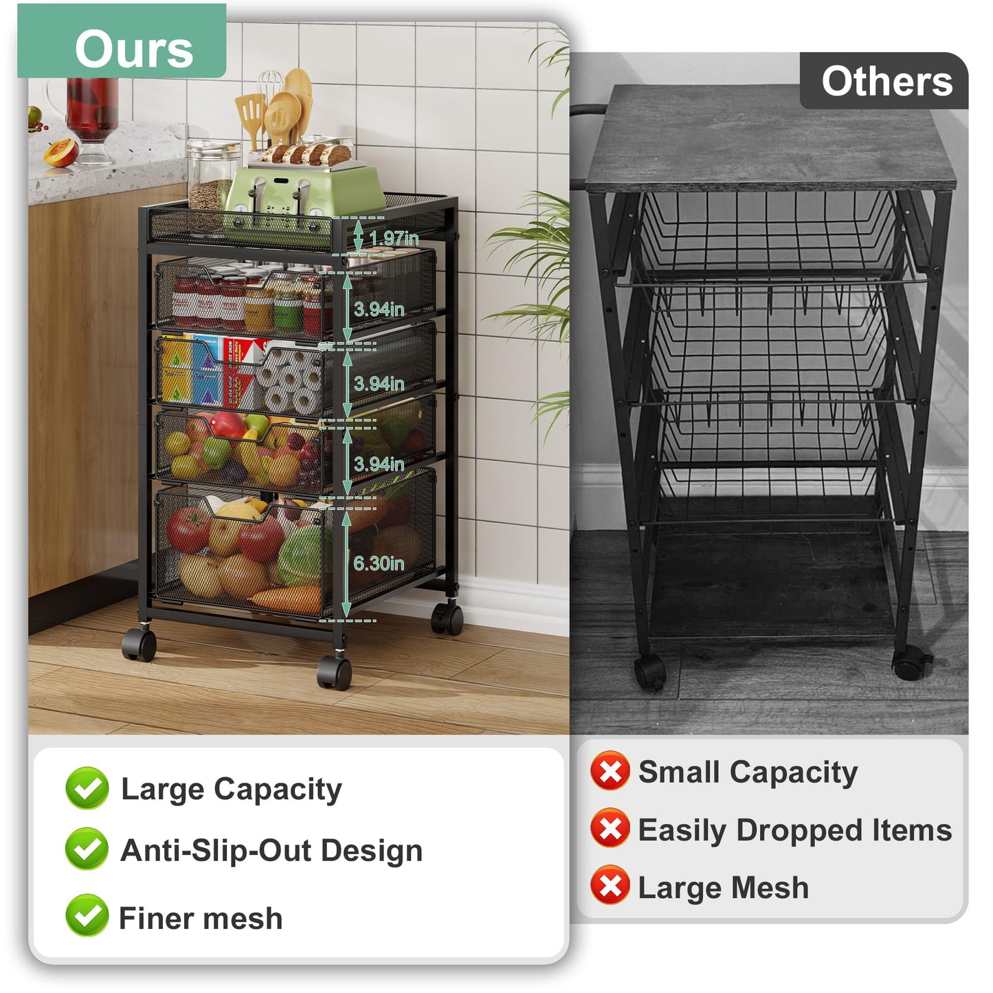 keomaisyto 5-Tier Kitchen Storage Cart with Top Basket & Drawers, Fruit and Vegetable Storage Rack on Lockable Wheels, Metal Kitchen Organization for Snacks, Potatoes, Onions, Cans & Craft Supplies